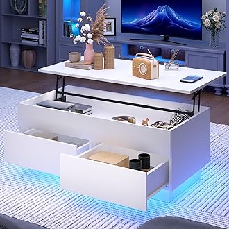 HOMMPA Lift Top Coffee Table with LED Light Morden Coffee Table with Storage High Gloss White Coffee Table for Living Room Tea Table with Storage Center Tables Hidden Compartment & 2 Drawers