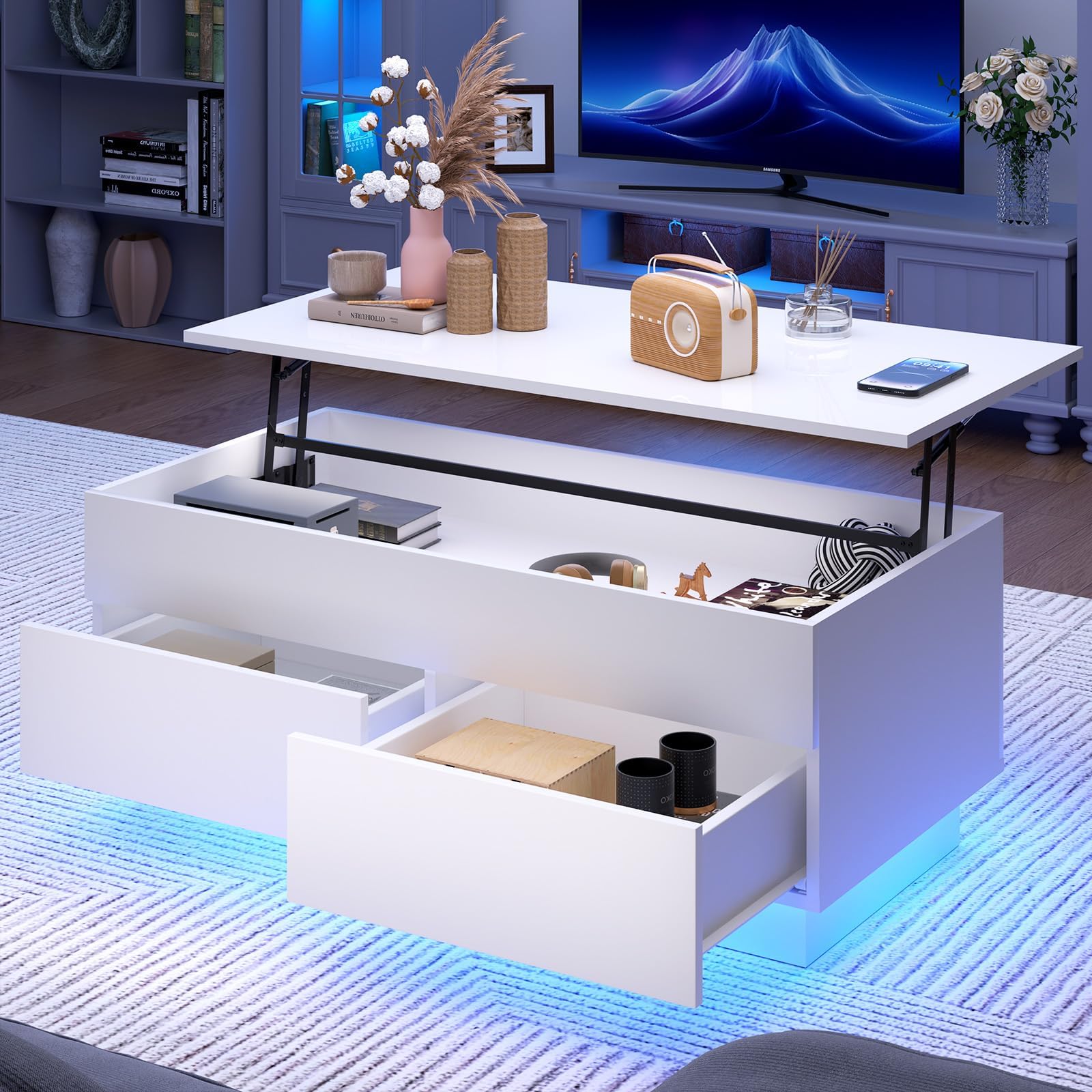 HOMMPA Lift Top Coffee Table with LED Light Morden Coffee Table with Storage High Gloss White Coffee Table for Living Room Tea Table with Storage Center Tables Hidden Compartment & 2 Drawers