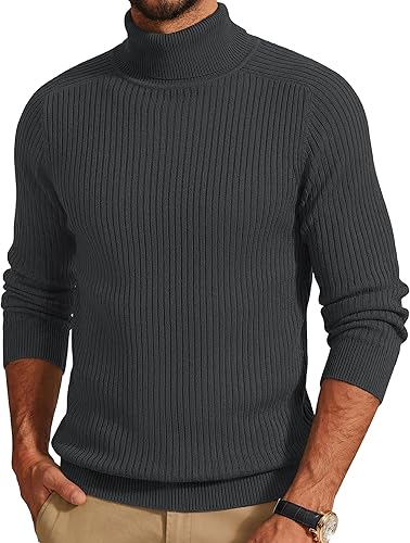 Cotrasen Mens Sweater Turtleneck Knit Pullover Sweaters Casual Long Sleeve Regular Fit Sweater Fall Streetwear Dark Grey S