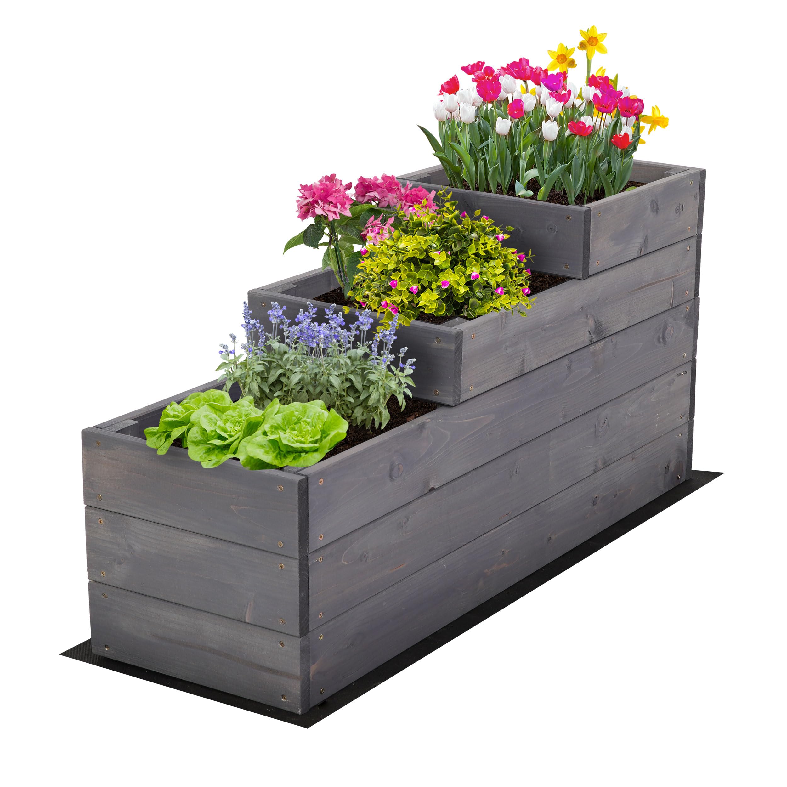 Hochbeet Holz, 3-stufiger Pflanzkasten, Blumenkasten, Gemüsebeet, Kräuterbeet, Anzuchtset, Anzuchtkasten, mit Gartenvlies als Unterlage und Schrauben, Abmessungen 45x30x93 cm, Farbe: Grau