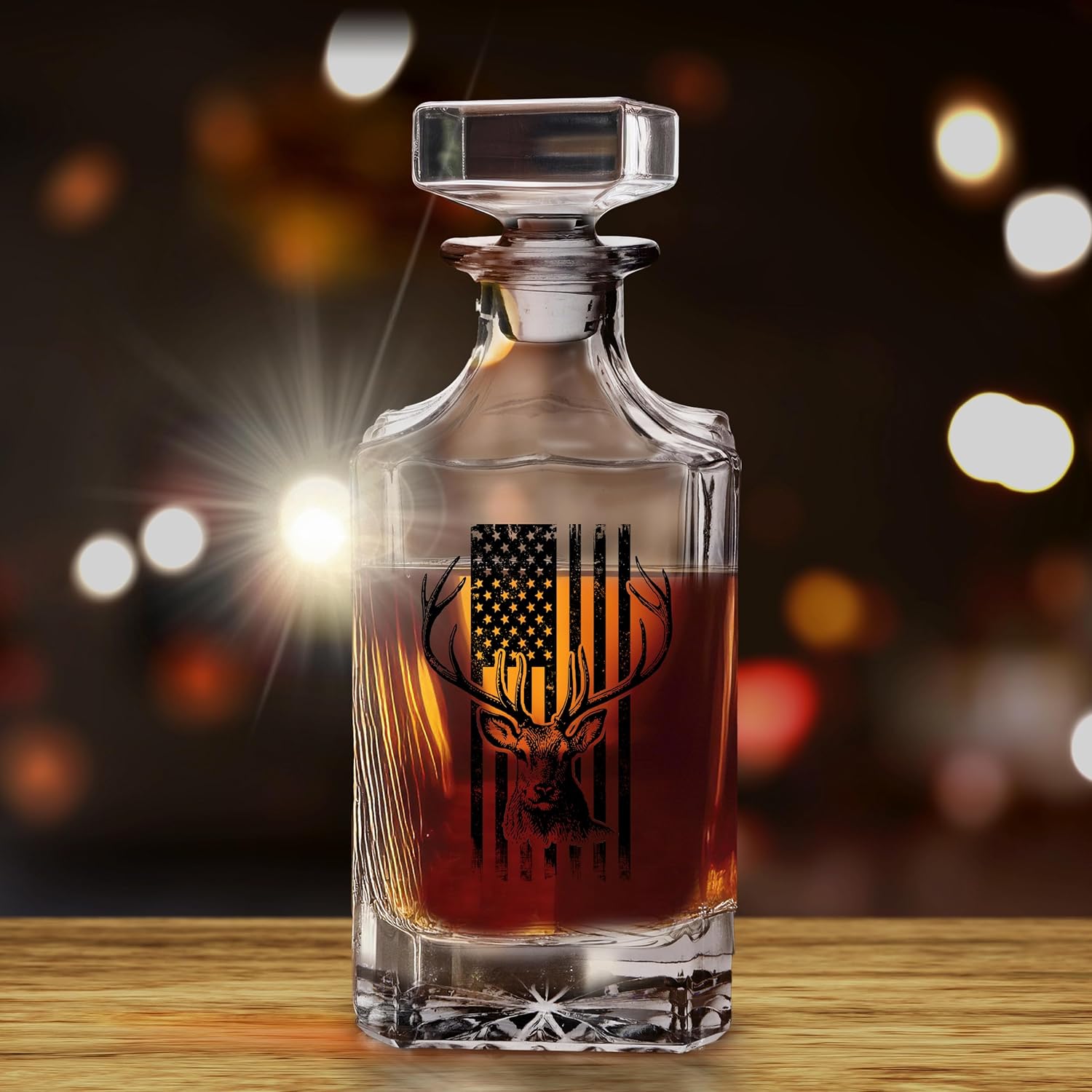 USA Tattered Flag Buck Deer Hunting Whiskey Decanter With Glass Stopper Custom Gift For Men Dad Veteran Father's Day Deer Hunter