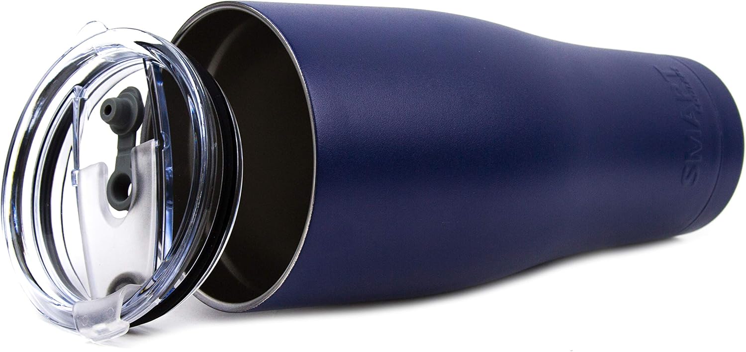 Smart Coolers 32 Oz. Sweat Free Ultra-Tough Double Wall Stainless Steel Tumbler Cup with Leak-proof Heavy Duty Tumbler Lids (Slide Lid & Flip Lid), Straw, & Cleaning Brush - Navy Blue