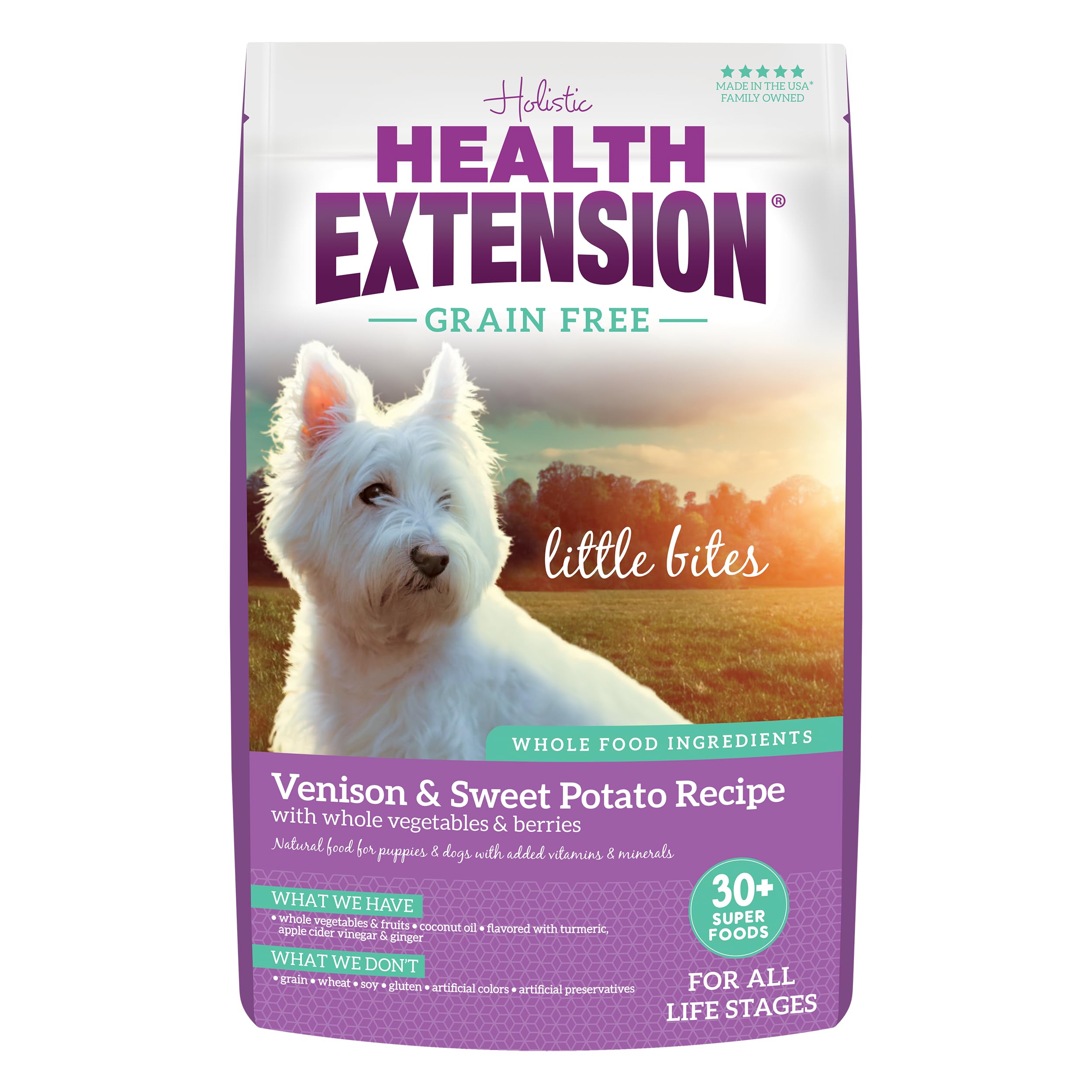 Health Extension Grain Free Venison & Sweet Potato Little Bites Small Kibble Formula with 30+ Superfoods Lean Protein, and Probiotics for Teacups,