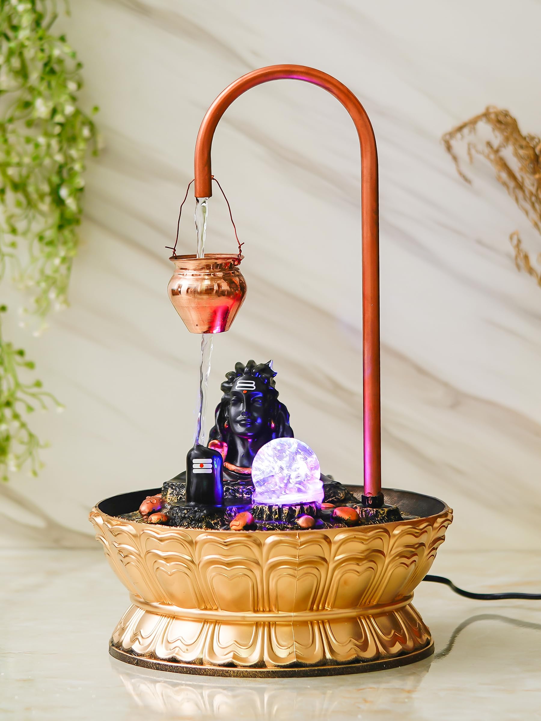 CHRONIKLE Copper Metal Shivling Tabletop Indoor Water Fountain with Crystal Ball and LED Light for Home Decor (28 CM x 46 CM : Color - Copper)
