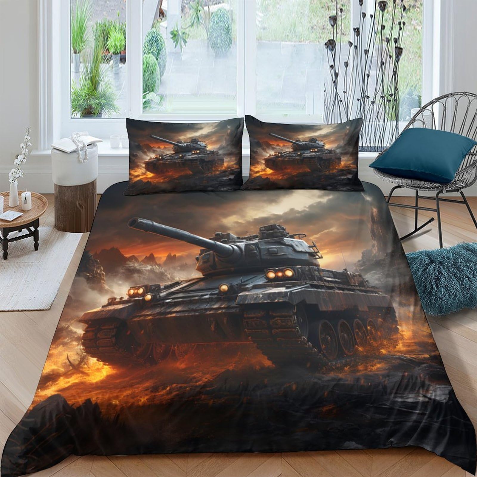Ctjqhvkz Style-8 3D Printed Battle Tank Fitted Sheet Microfiber Anti-Slip Flame War Scene Mattress Cover For Bedroom Dorm Decor Single（135X200cm）