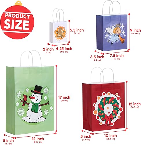 Miniatura 4 de JOYIN 24 bolsas de regalo – 12 diseños, grande 15 pulgadas, "mediano 12", "pequeño 9", "XS 7" con Papá Noel, muñeco de nieve, reno, árbol de