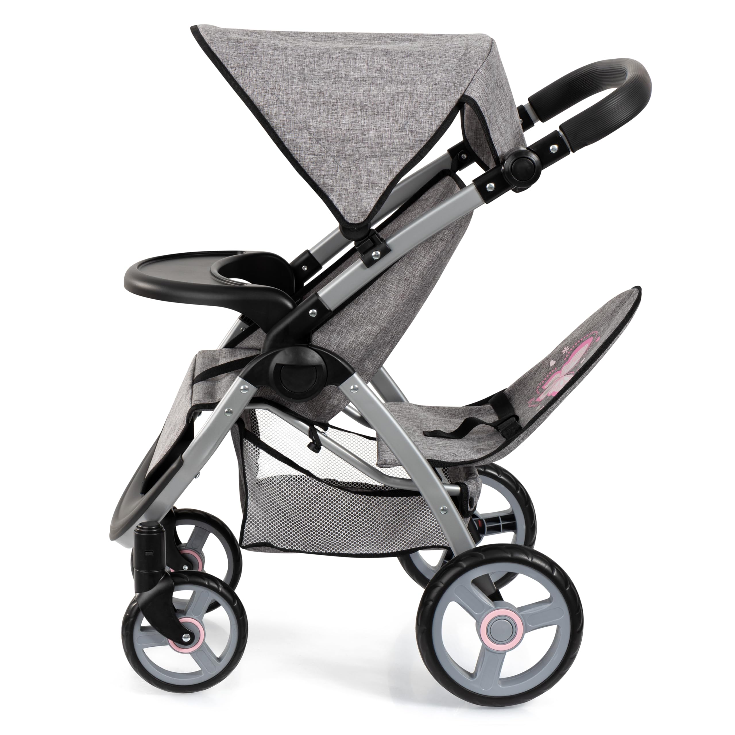 Bayer Design 39433AA Zwillingspuppenwagen, Puppenwagen, Geschwisterwagen, höhenverstellbar, klappbar, Tasche, Jeans-grau, Rosa, 60x41x68 cm, 13.97x7.08x18.89 in | für Mädchen und Jungs, ab 3 Jahre