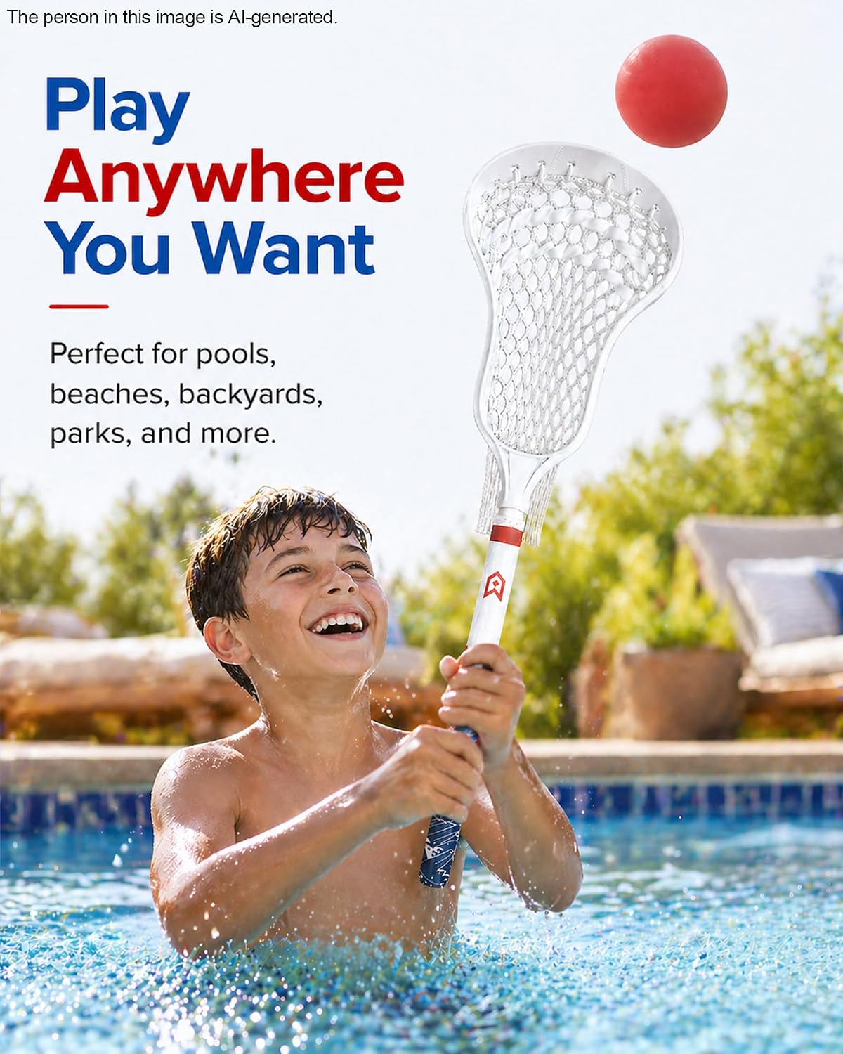 Mini Lacrosse Sticks Set for Kids & Adults, Outdoor Backyard Sports Toy, 2 Short Handle Sticks with Full-Size Baskets, Foam Ball & Glow-in-the-Dark Ball, Floating Pool & Beach Game (White and Blue)