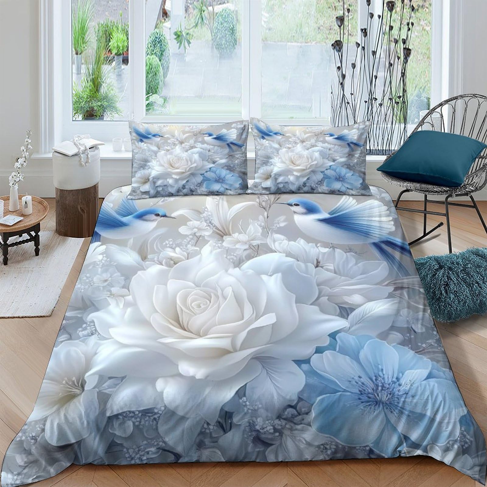 Housse de couette oiseaux bleus 140x200 microfibre linge de lit imprimé floral taie d'oreiller ado adulte