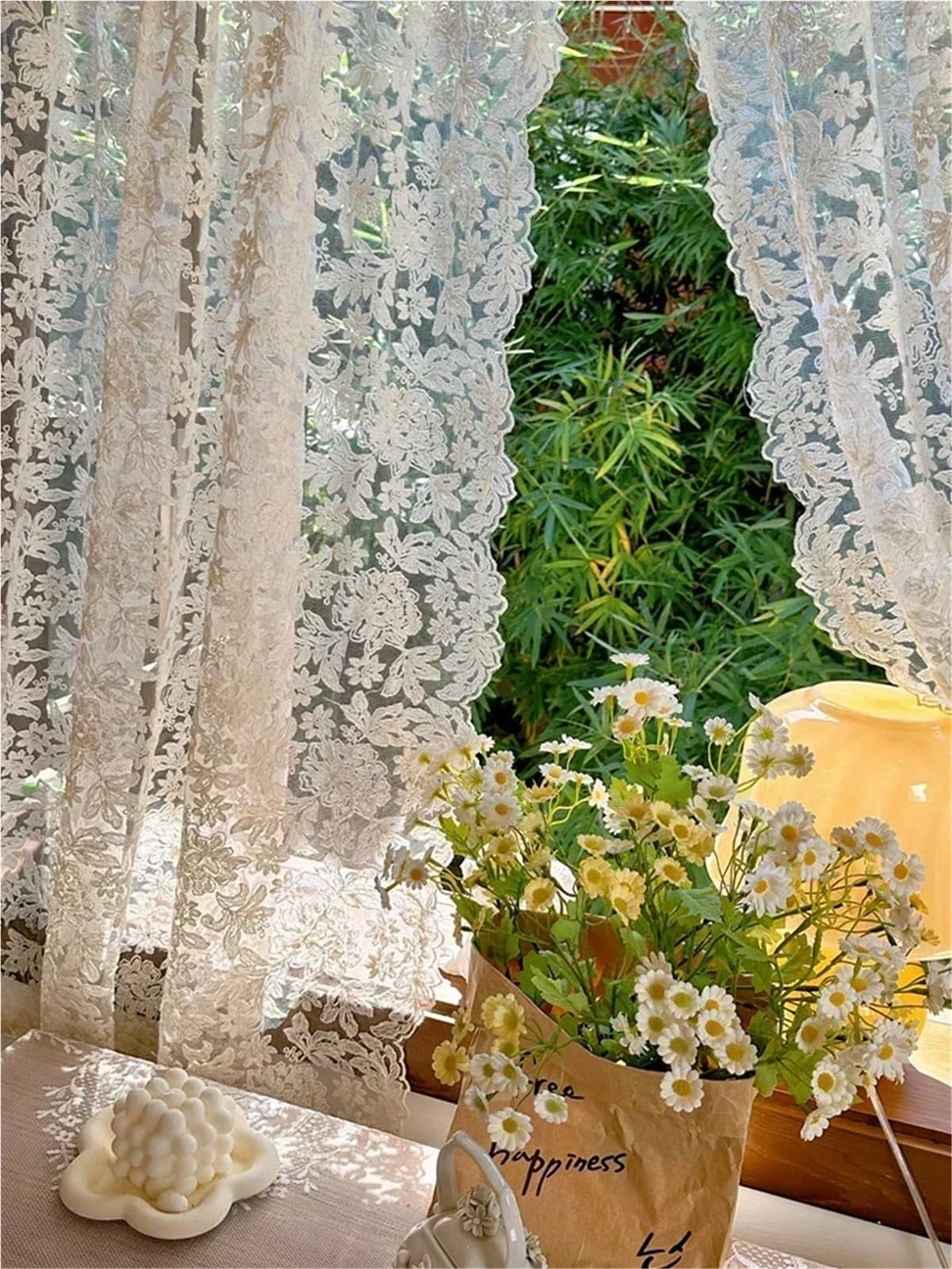 Rideau Dentelle à Bords Ondulés, Rideau de Séparation en Dentelle Palace, Gaze Brodée Vintage, Beige, Rod Pocket, W130cm x H250cm, 1 Pièce, pour Salon Chambre Cuisine
