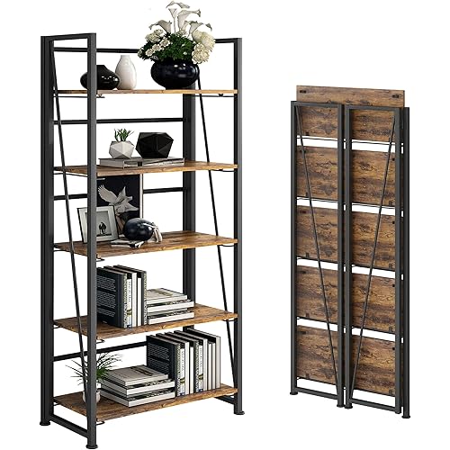 GHQME No-Assembly Folding Bookshelf Storage Shelves 5 Tiers Vintage Multifunctional Plant Flower Stand Storage Rack Shelves Bookcase for Home Office(Firestone and Black)