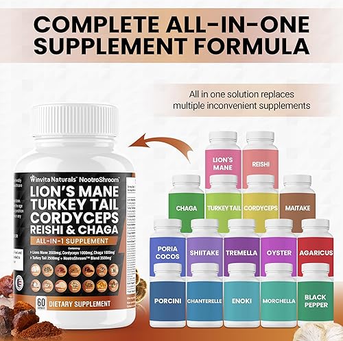 Miniatura 4 de Lions Mane 3500mg Suplemento de hongo con cola de pavo 2500mg Reishi 1000mg Cordyceps Chaga Maitake Meshima Poria Cocos Shiitake Oyster Porcini