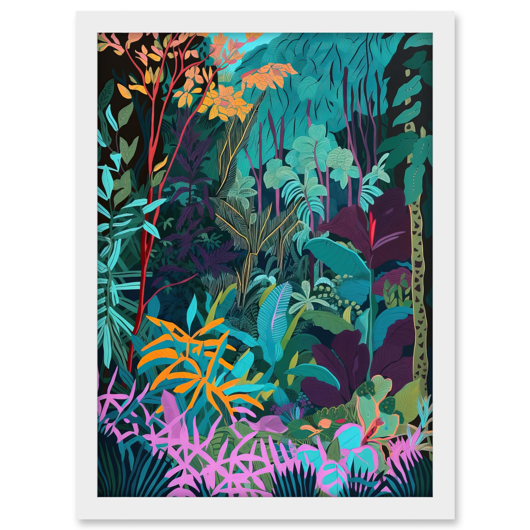 Artery8 Tropical Jungle Forest Vibrant Colour Illustration Artwork Framed A3 Wall Art Print
