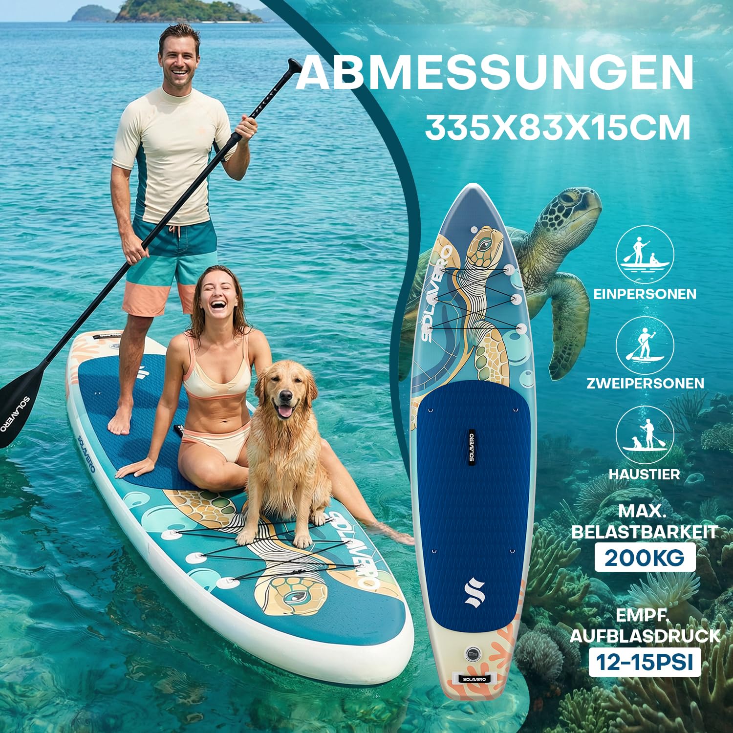 SOLAVERO Aufblasbares Stand Up Paddling Board 335 x 86 x 15 cm, bis 200 kg | SUP Board Set mit Komplettset, Paddel, Finnen & Luftpumpe, PVC Stand Up Paddle für Erwachsene, Familien und Anfänger