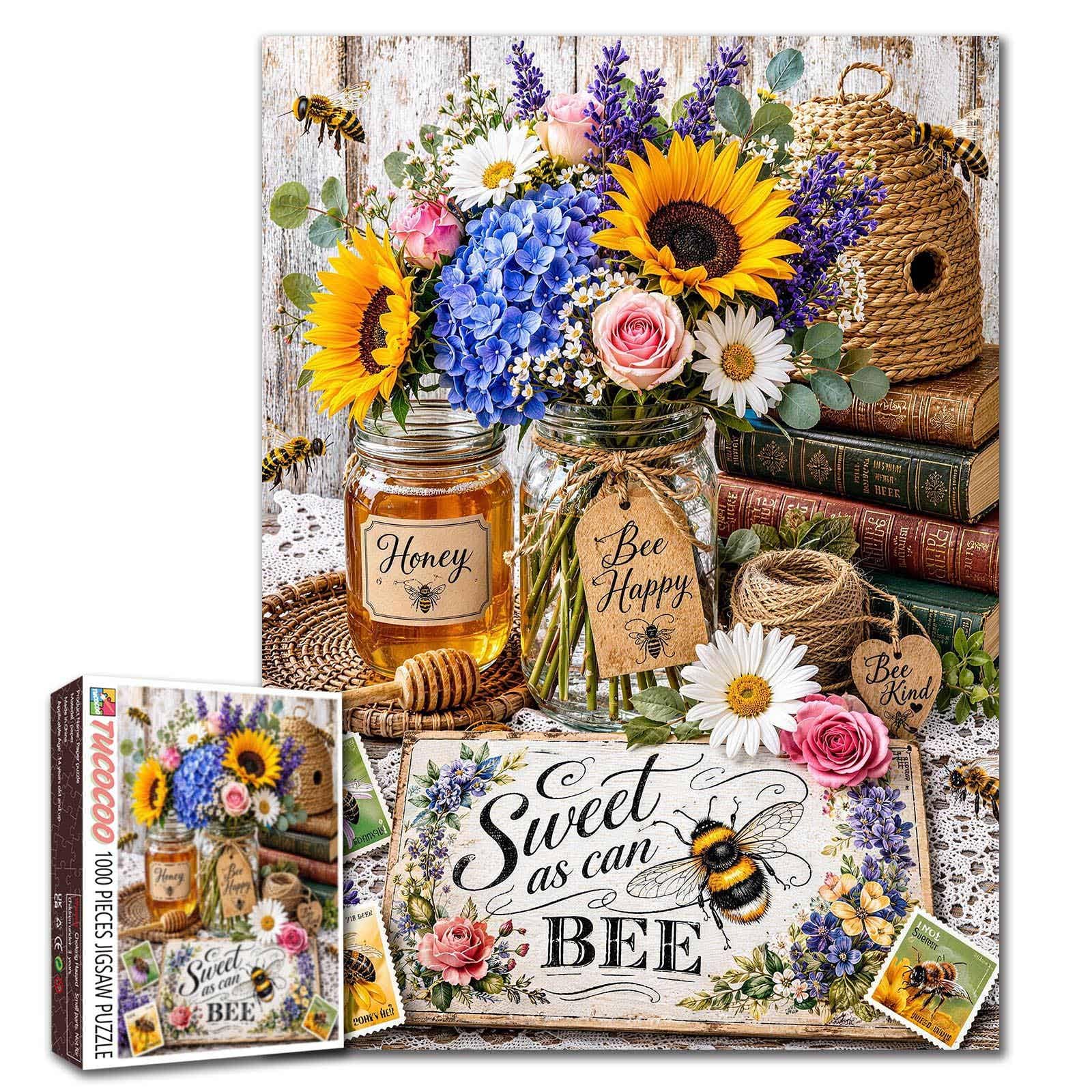 Honey Bee Jigsaw Puzzles 1000 Pieces for Adults Retro Style Puzzle Challenging Floral Farmhouse DIY Rustic Home Decor Family Perfect for Game Nights 20 x 27 Inches — image 1