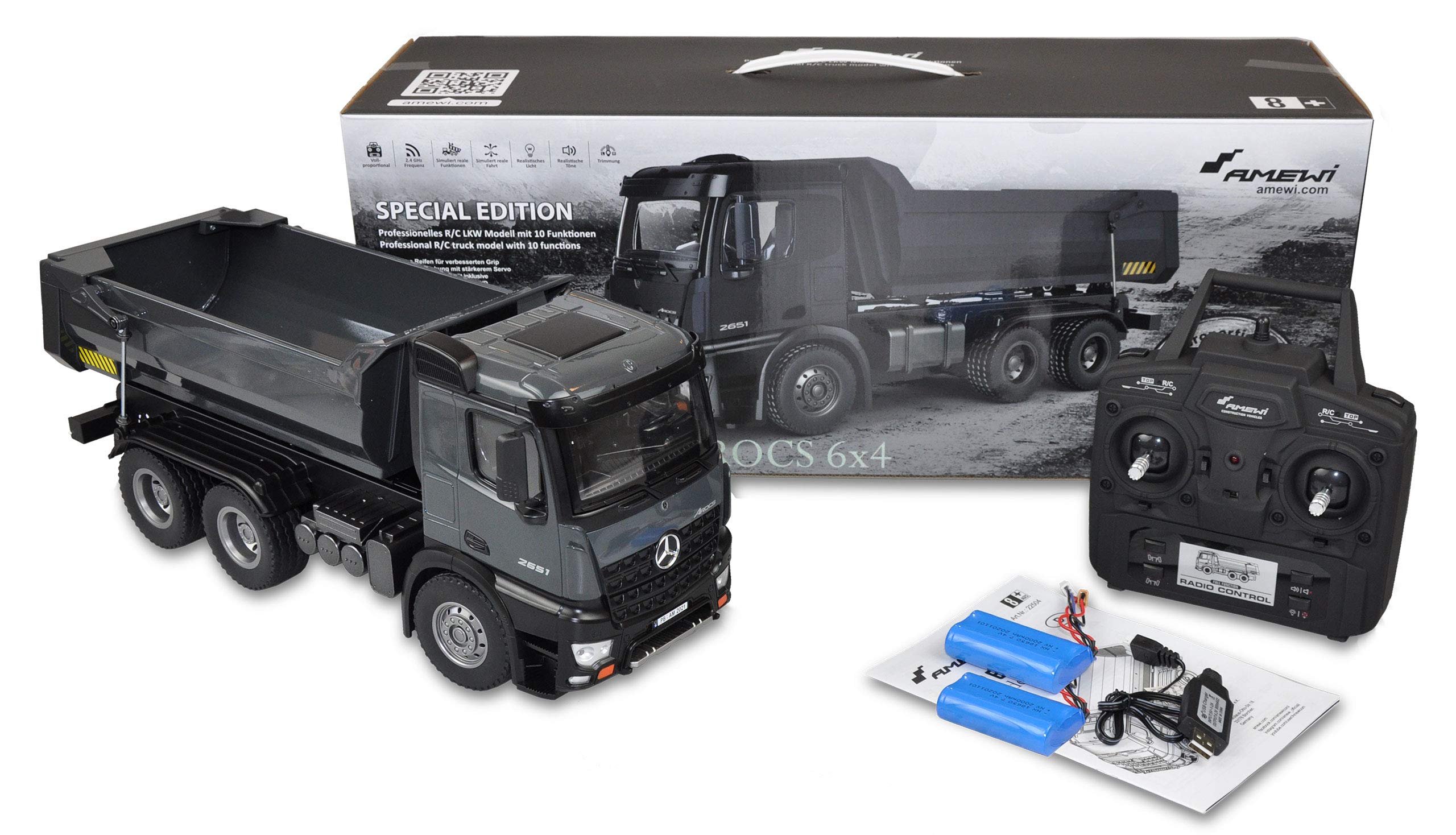 Amewi 22504 Mercedes-Benz ciężarówka wywrotka PRO metal V2 pojazd licencyjny zdalnie sterowany RTR 2,4 GHz dodatkowy akumulator szary