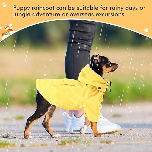 Miniatura 6 de Impermeable para perro con capucha y rayas reflectantes, resistente a la lluvia y al agua, cordón ajustable, elegante chaqueta de lluvia para