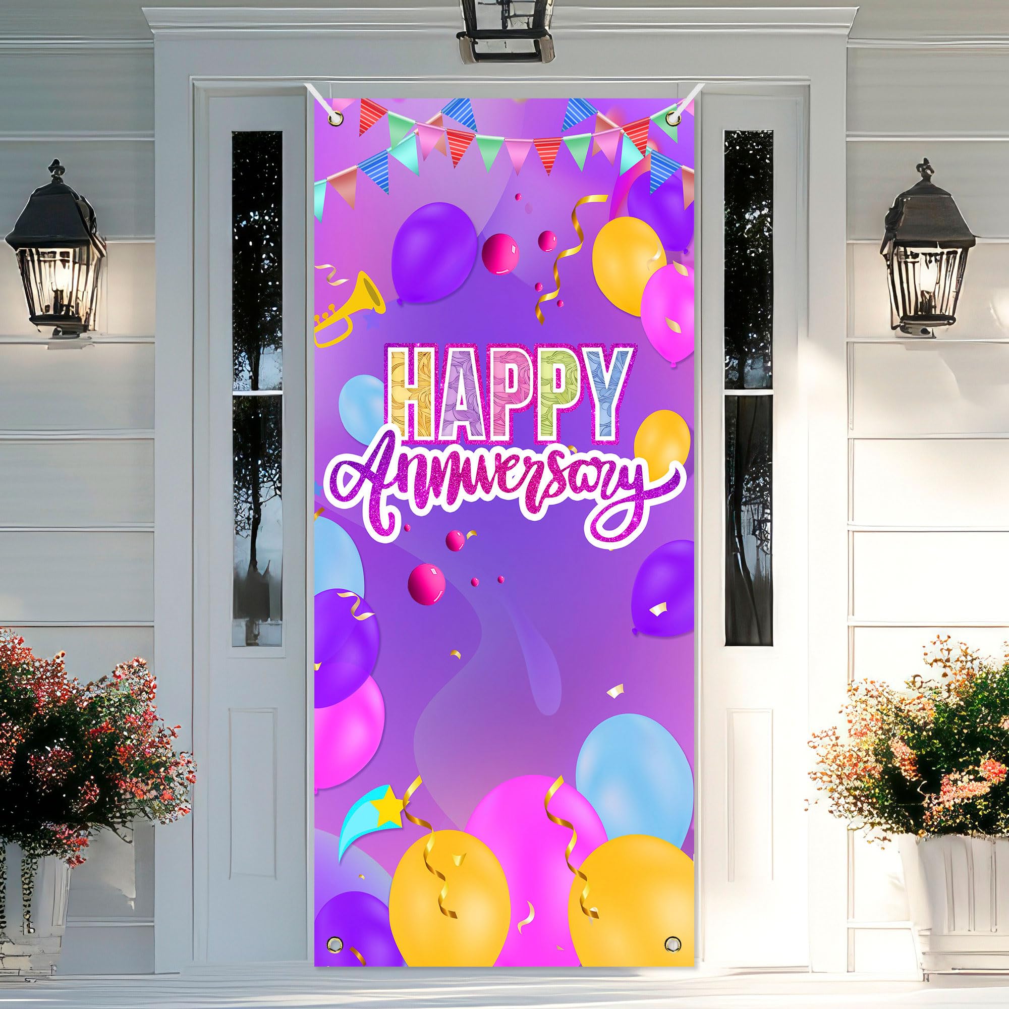 Happy Anniversary Backdrop Banner Colorful Celebration Theme Door Decor for Couple Wedding Anniversary Party Decorations Photo Studio Props Supplies