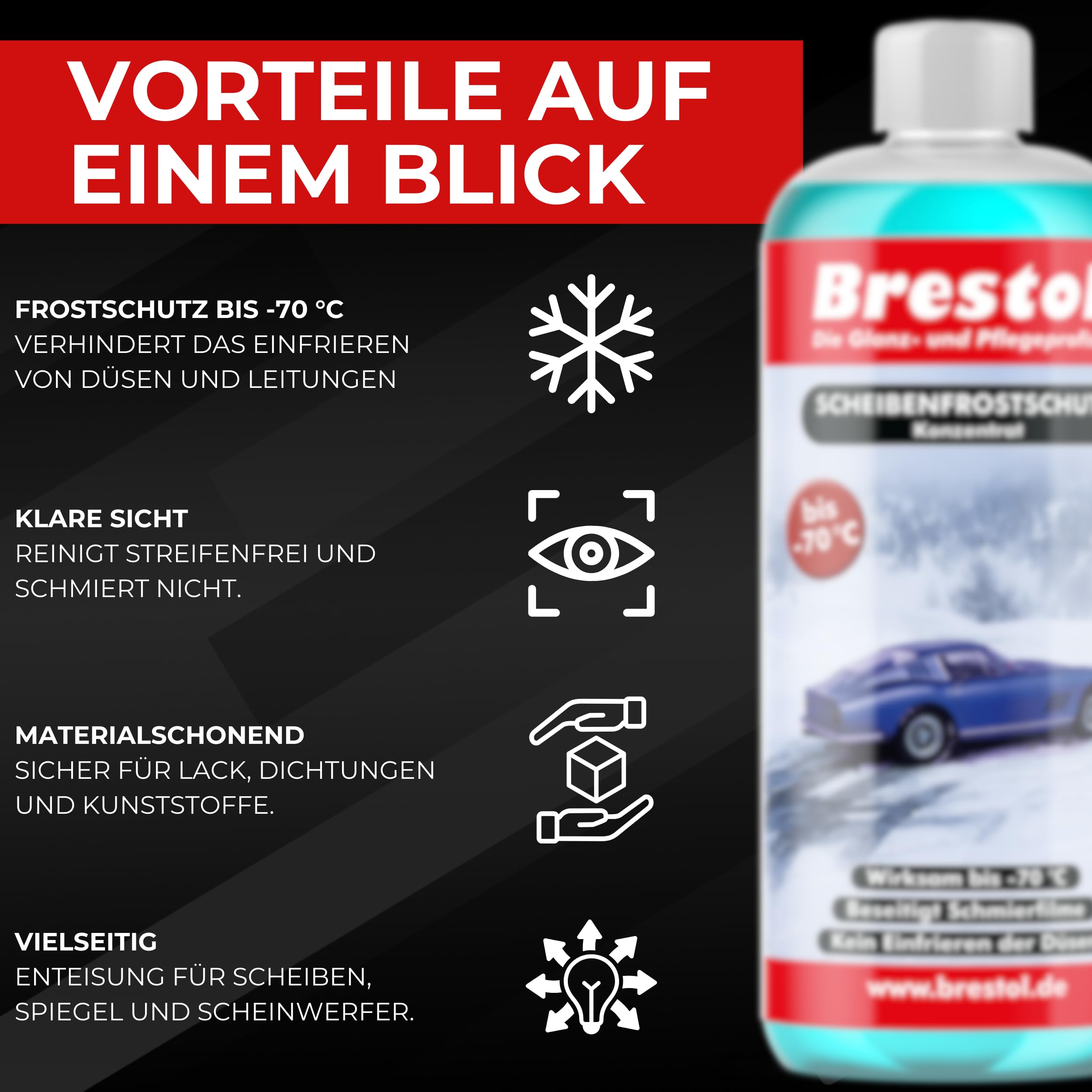 Brestol® Scheibenfrostschutz 4×1000 ml Konzentrat –70 °C – Für klare Sicht, Antifrost & Enteiser – Ergibt bis zu 16 Liter gebrauchsfertigen Scheibenfrostschutz – Für Winter & Waschanlage