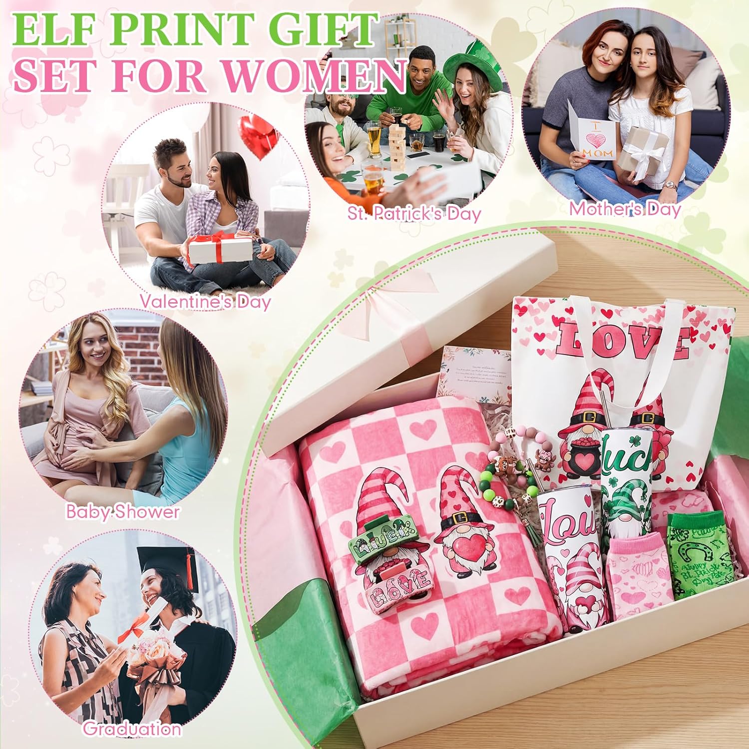 Sieral 10 Pcs Valentine's Day St. Patrick's Day Gnomes Gift Set 20oz Tumbler Blanket Canvas Tote Bag Socks Keychain Hair Claw Gift for Women Her Wife Girlfriend Romantic Gifts Wedding