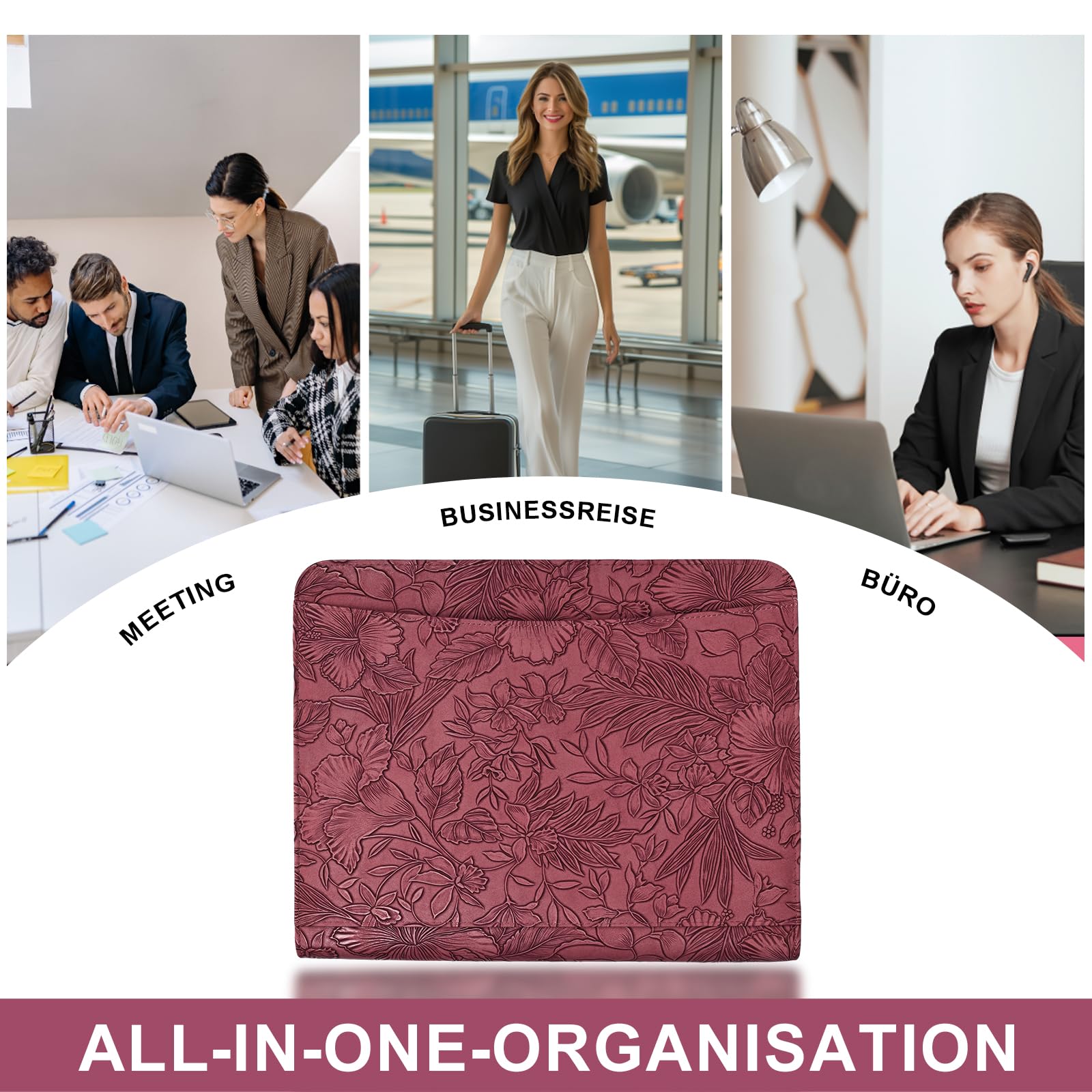 Leathario Schreibmappe A4 mit 5er Register DIN A4，Konferenzmappe mit 4 Ringbuch，Dokumentenmappe mit Reißverschluss,Ordner für Meeting, Business,Mappe für Geschäftsreisen