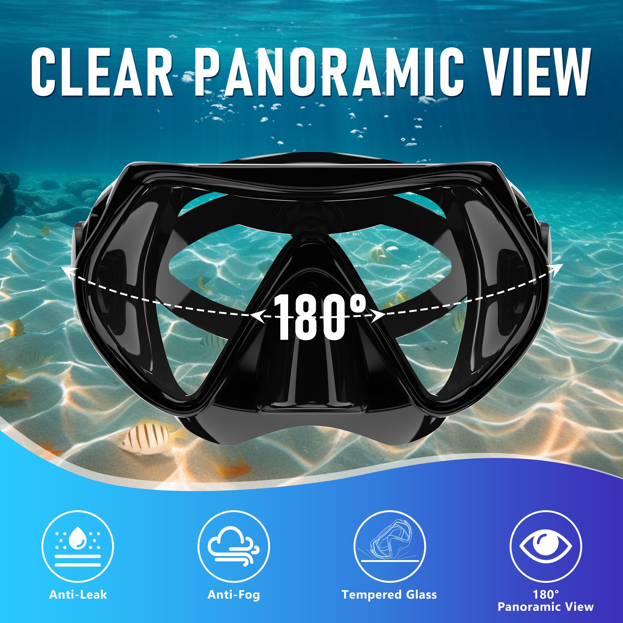 Juego de esnórquel seco para hombres y mujeres, máscara de buceo antivaho panorámica de 180°, equipo de esnórquel profesional para respirar libremente, visión amplia clara bajo el agua