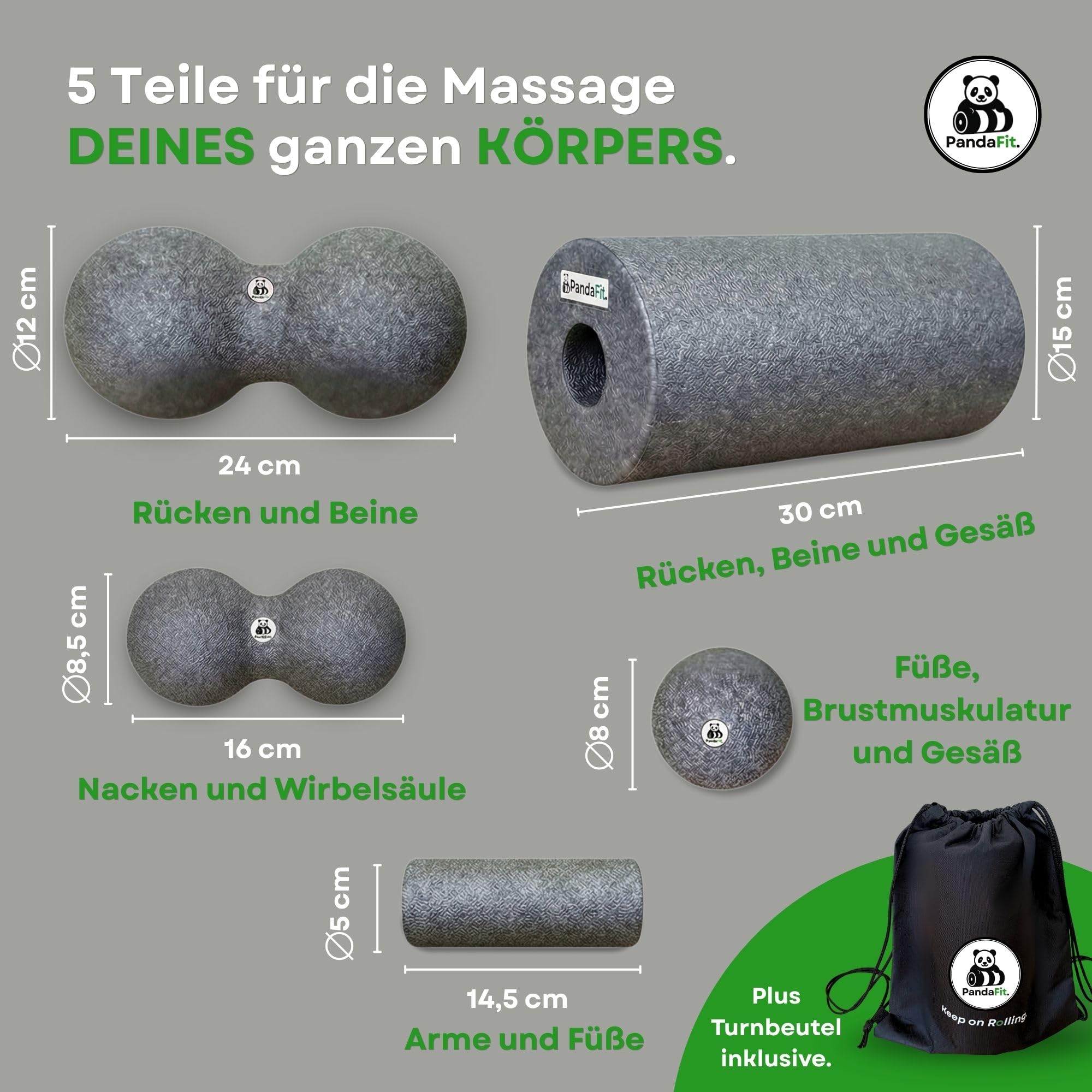 PandaFit Faszienrollen Set 5-teilig mit Turnbeutel, für Rücken und Wirbelsäule, Faszienrolle 30x15 cm, 2 x Duoball, Minirolle, Faszienball, Massage-Set zur Regeneration, EPP Hartschaum