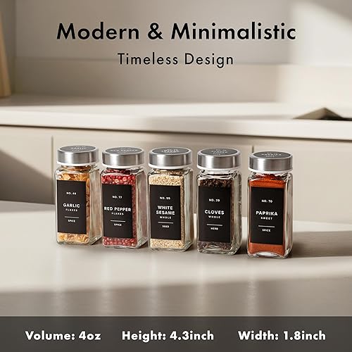 Miniatura 2 de Tarros de especias de vidrio con etiquetas y tapas de acero (24 x 4 onzas), recipientes de especias con 240 etiquetas, embudo de acero, insertos