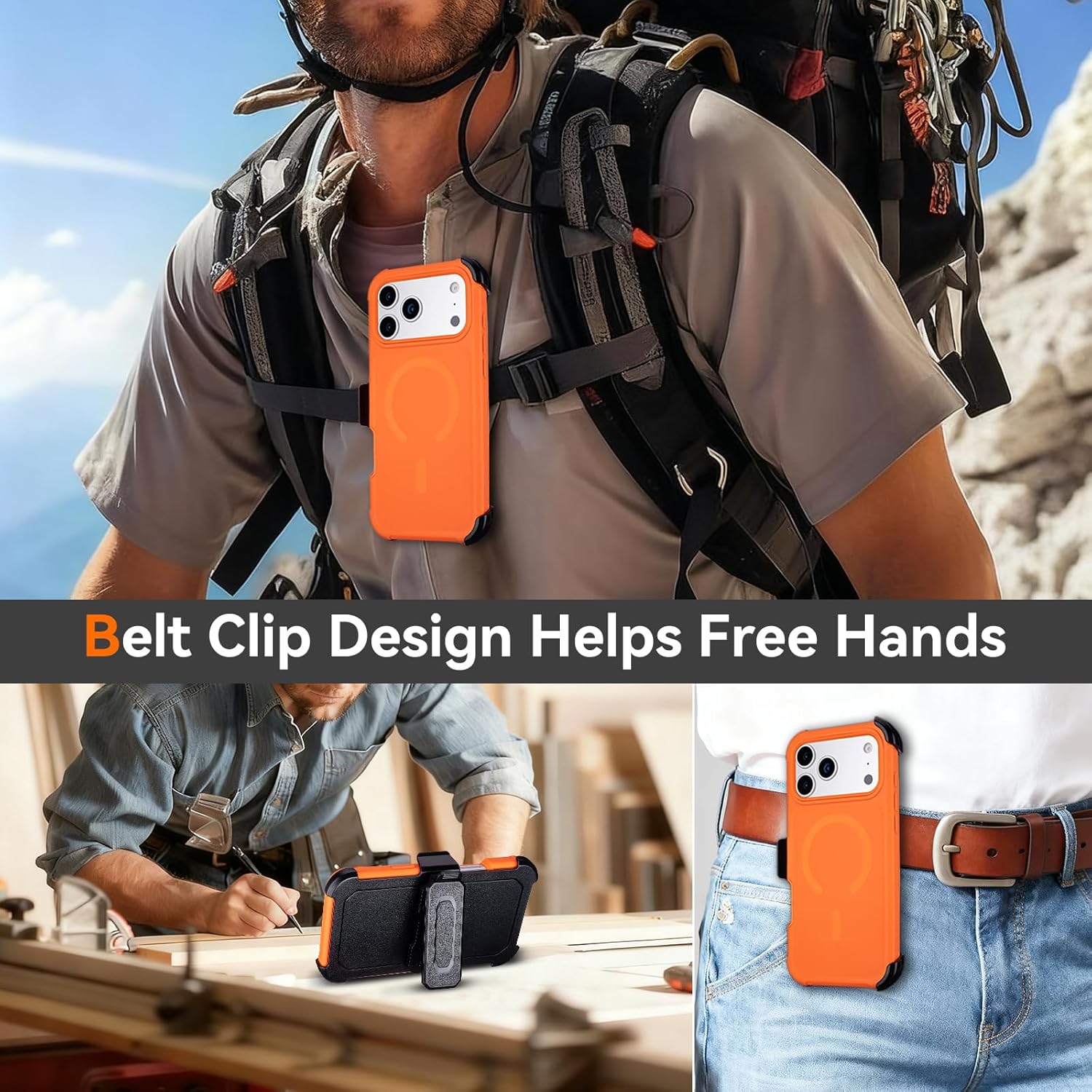 for iPhone 17 Pro Case with Belt Clip, Compatible with Magsafe, Anti-Drop, Anti-Fingerprint, 3 in 1 Heavy Duty Shockproof Protective for Orange iPhone 17 Pro Case Rugged with Kickstand