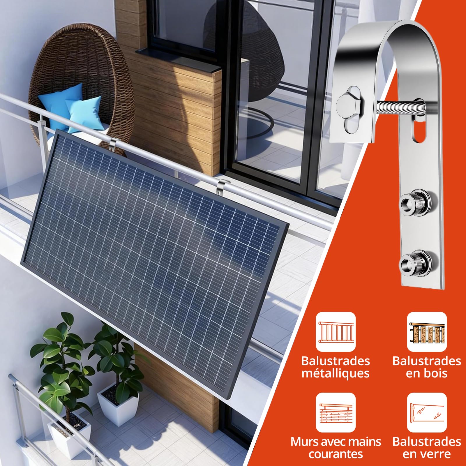 GETLITOOL 4PCS Crochets Balcon Solaire Inox 304 Fixation Panneau Solaire sans Perçage,Crochets de Fixation pour Balcon/Toit/Garage,Crochets de Montage de Panneaux Solairesrobustes