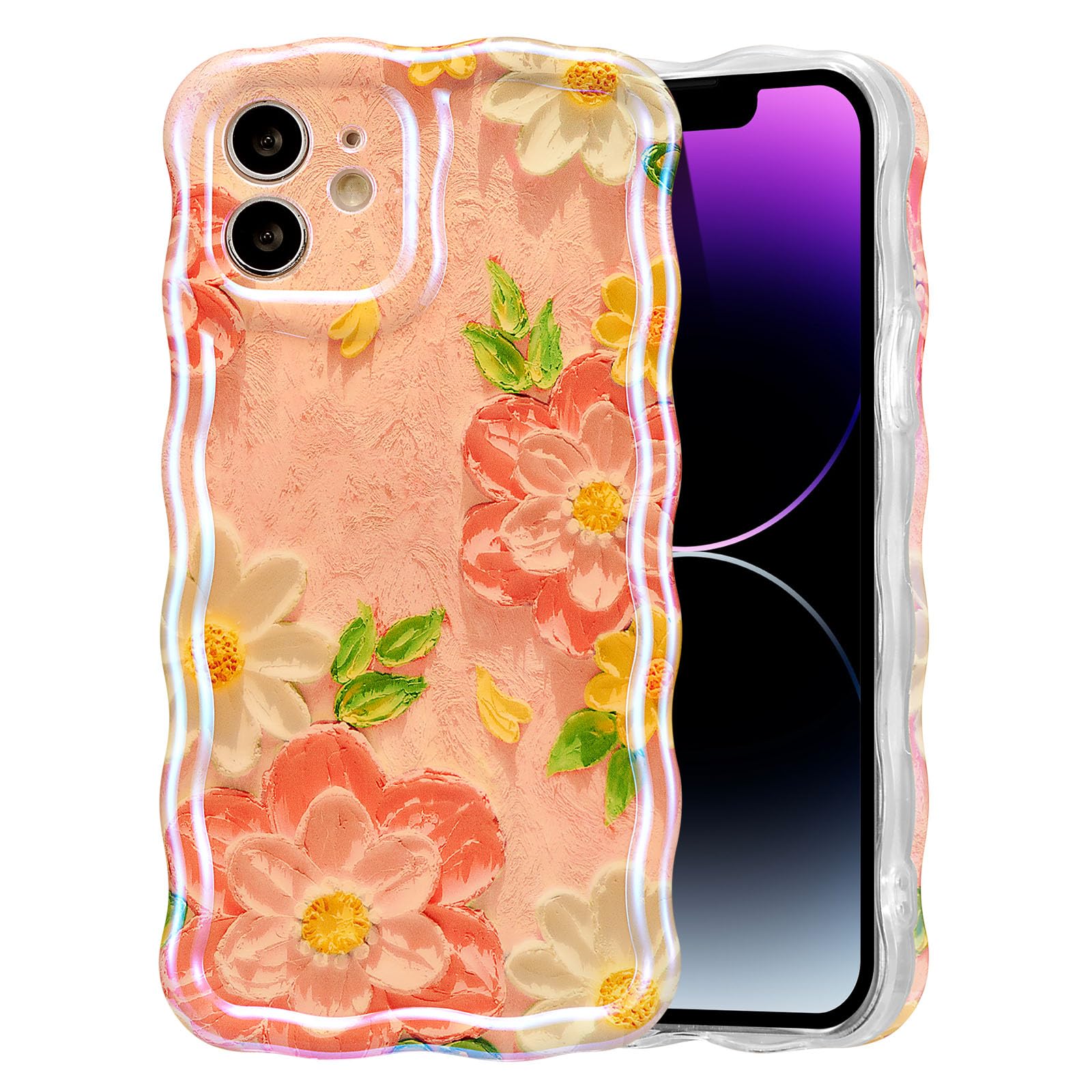 EYZUTAK Case for iPhone 15, Colorful Retro Oil Painting Flower Laser Beam Glossy Pattern Cute Curly Waves Border Exquisite Phone Cover Stylish Durable Soft TPU Protective Case for Girls Women - Green — view 100