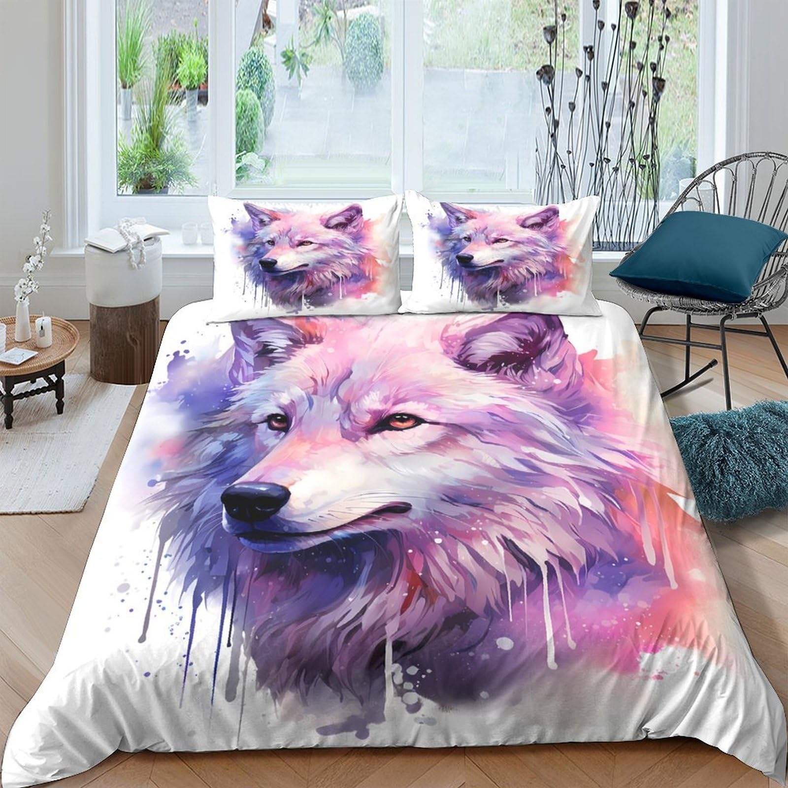 Ctjqhvkz Style-1 3D Printed Purple Wolf Fitted Sheet Microfiber Soft Breathable Pink Watercolor Bed Sheet For Bedroom Dorm Protection Decor Single（135X200cm）