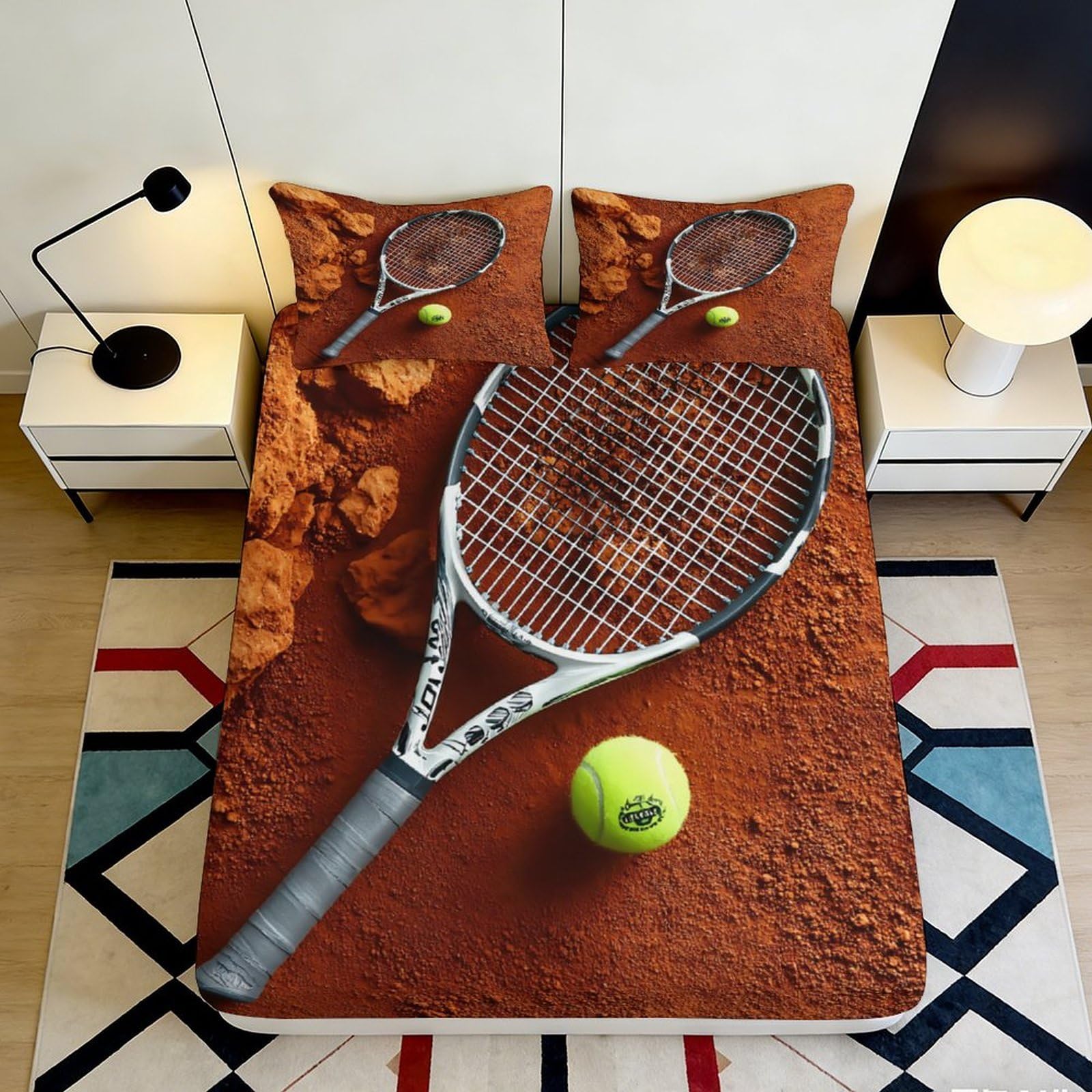 3D Printed Tennis Clay Court Fitted Sheet Microfiber Soft Breathable Racket Bed Cover for Bedroom Dorm Mattress Protection Decor 140x200x25cm