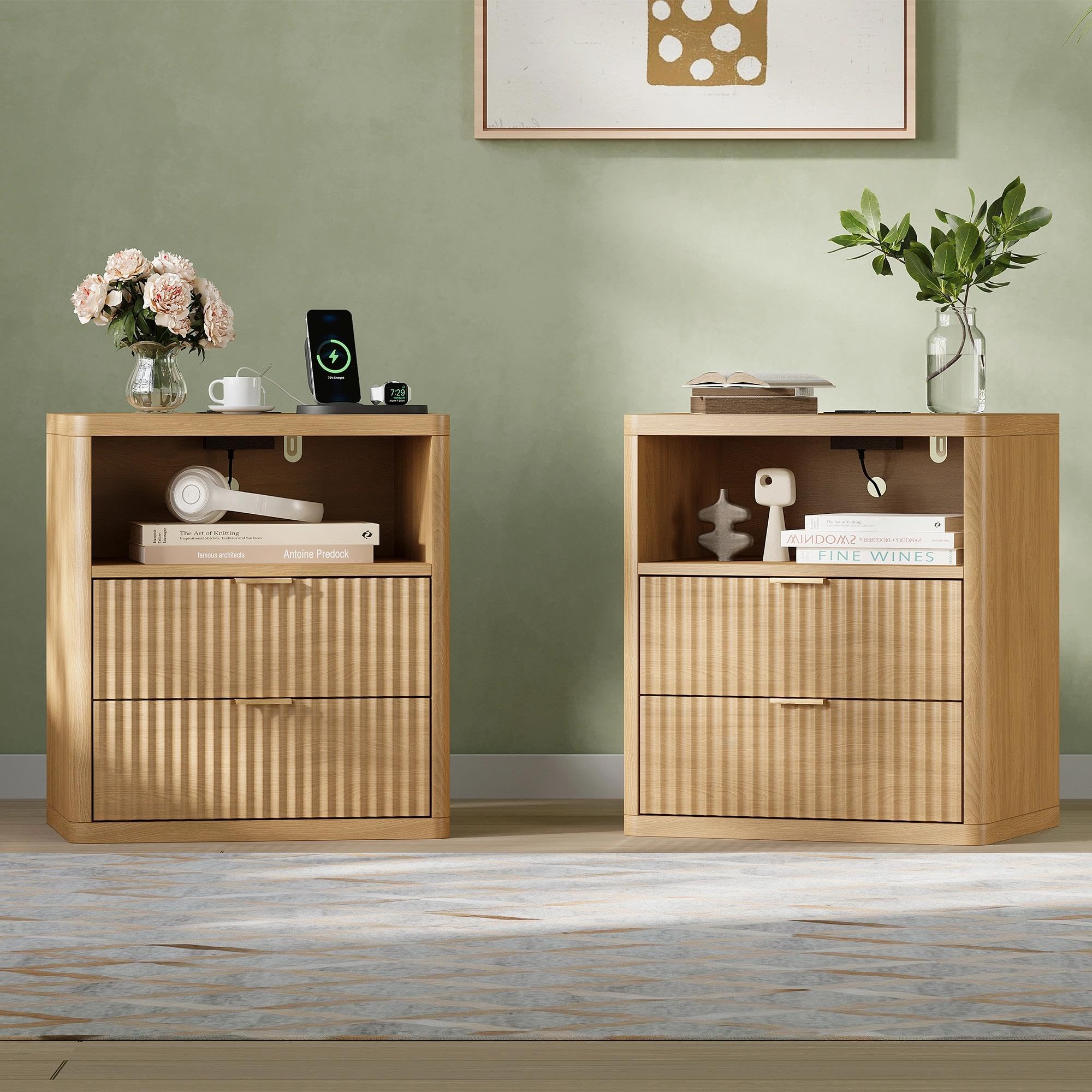 Fluted Nightstand Set of 2 with Charging Station, 21.7" Wide Modern Night Stand with 2 Drawers Open Storage Cabinet, Wooden Bedside End Table for