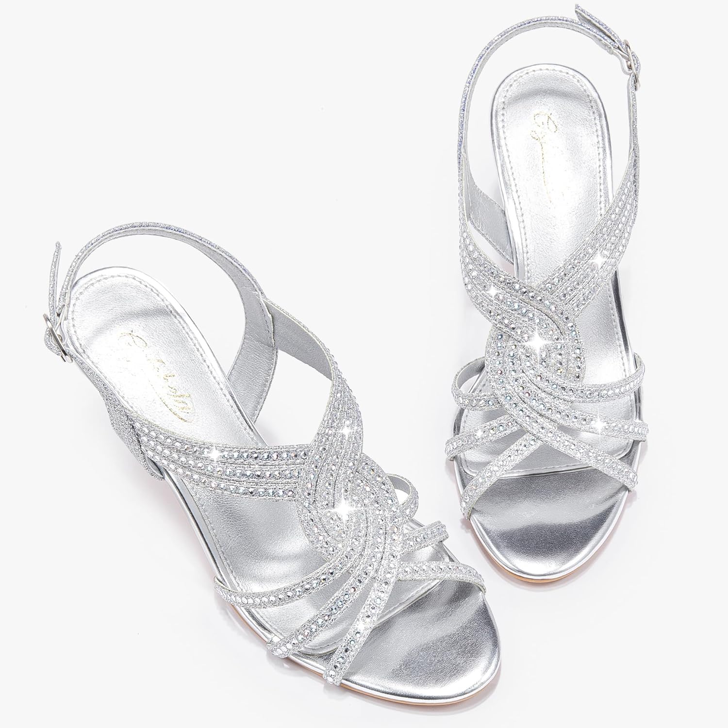 Women Rhinestone Heels Sparkly Dress Shoes High Kitten Heel 3.35 Inch Open Toe Ankle Strap Womens Sandals Wedding
