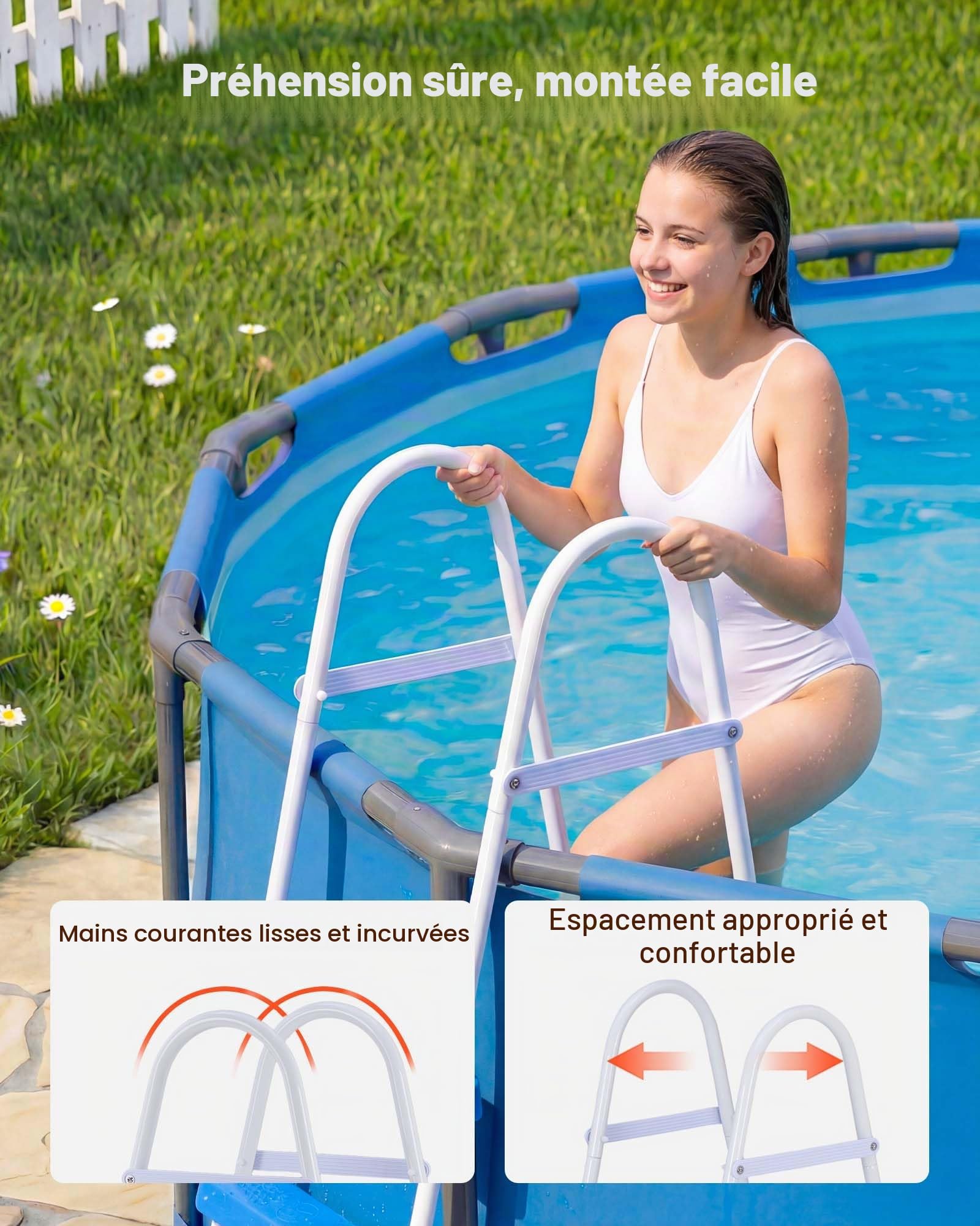 VEVOR Échelle de Piscine Hors Sol 91,4 cm Acier Carbone 3 Marches PP Antidérapantes Capacité Charge 136 kg Blanc Bleu