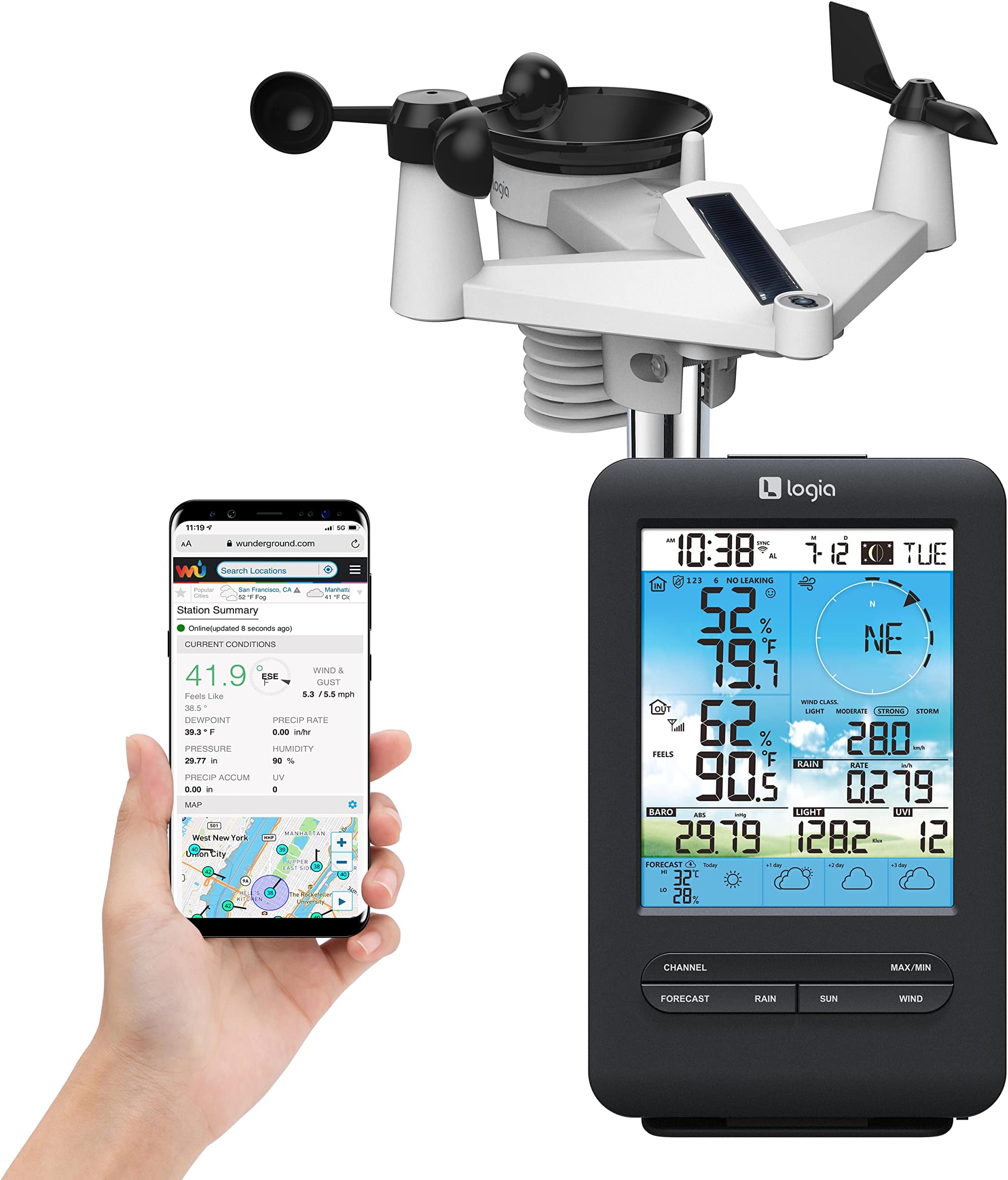 18-in-1 Wireless Weather Station with 7-in-1 Solar Sensor Array & 4-Day Forecast, Wi-Fi & Large Color Display, Wind Speed/Direction, Rainfall, UV Index, Light Intensity, Temperature & Humidity