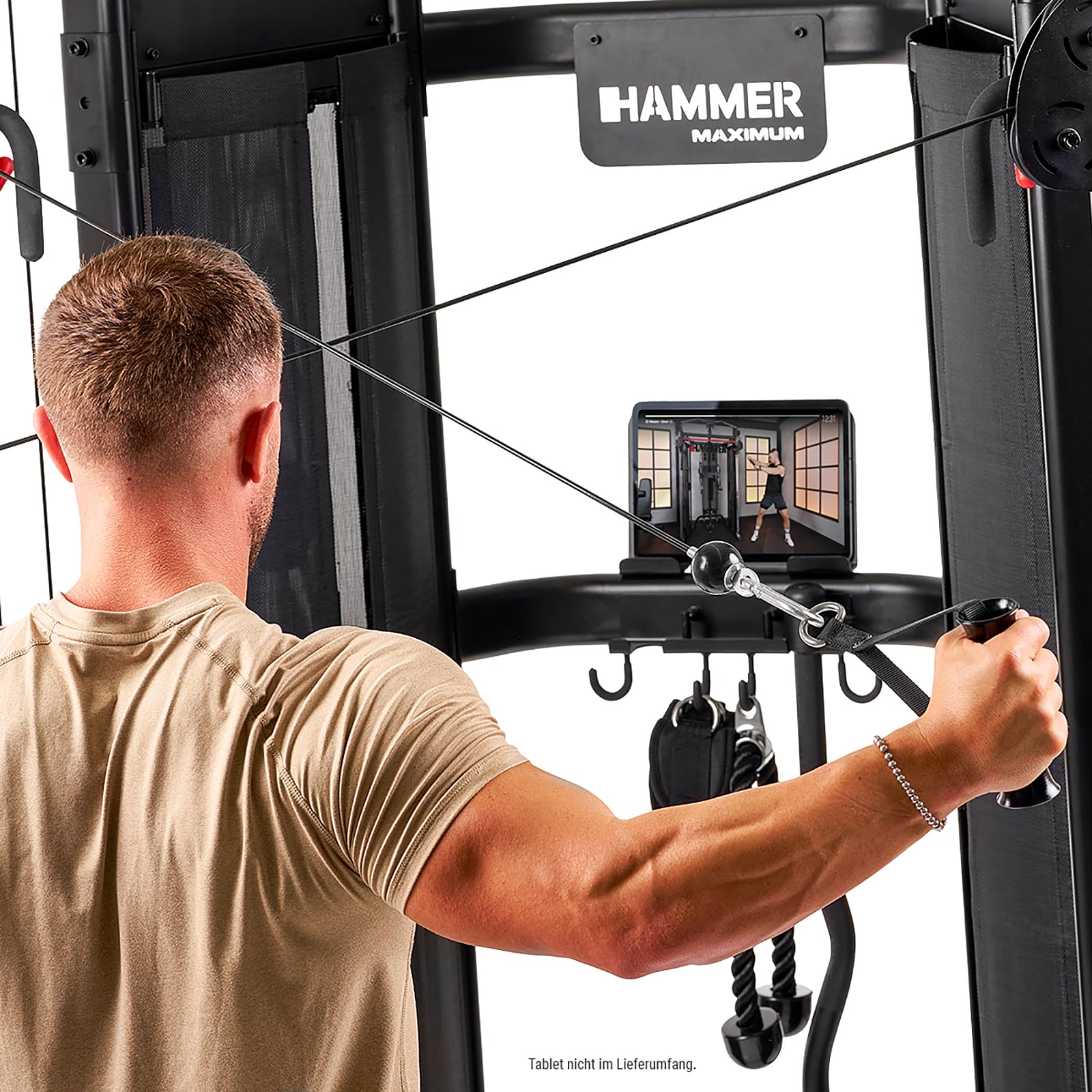 HAMMER Kraftstation Autark 8.0, kompakte Fitnessstation für zu Hause, Fitness-Tower mit Doppel-Seilzugsystem, 2 x 80 kg Gewichtsblöcke, Multigriff-Klimmzugstange, Home Gym Sport Gerät