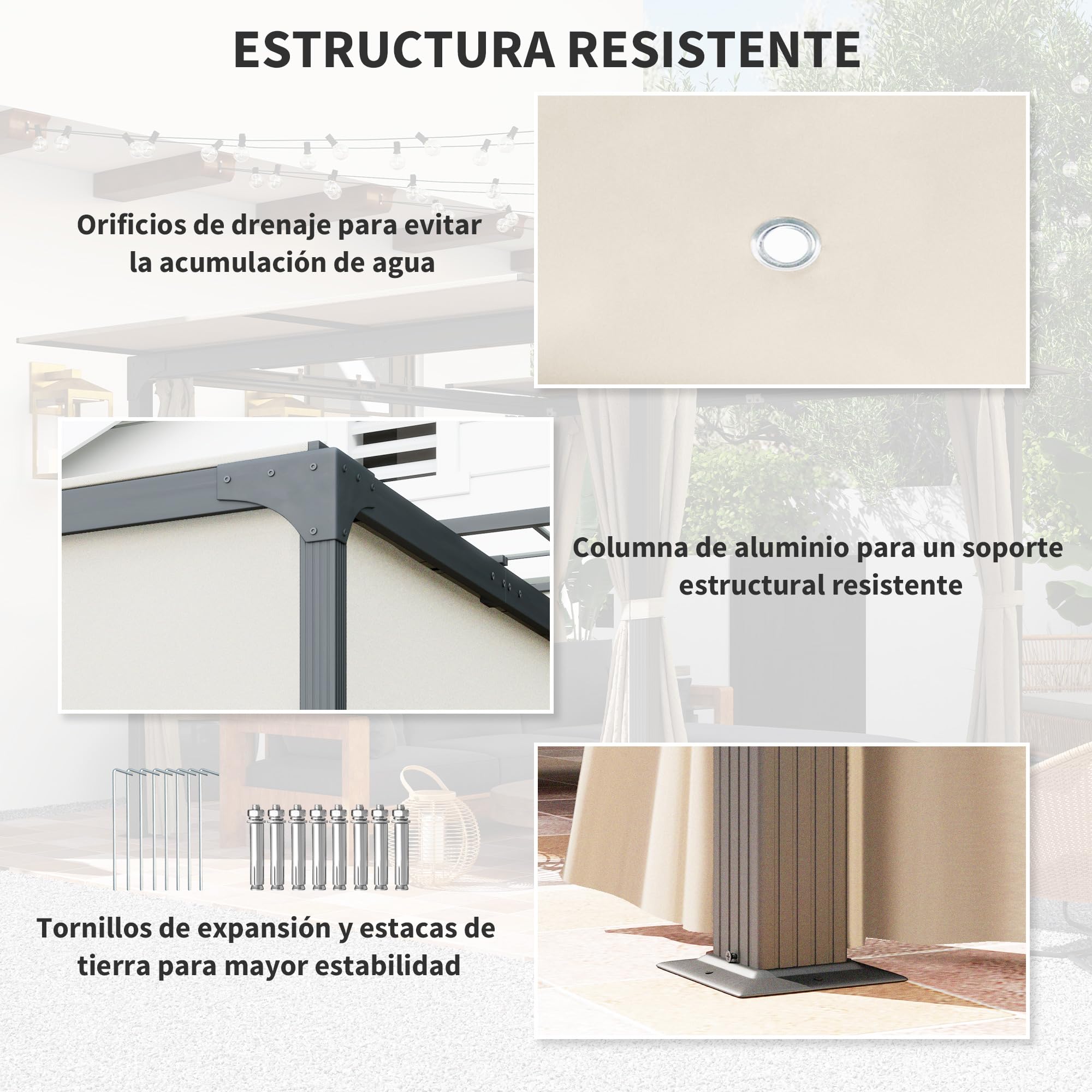 Outsunny Pérgola de Aluminio 4,2x3 m con Techo Corredizo Beige y Negro | Cenador de Jardín, Gazebo, 4 Paredes Laterales, Orificios de Drenaje, Pabellón para Patio Terraza
