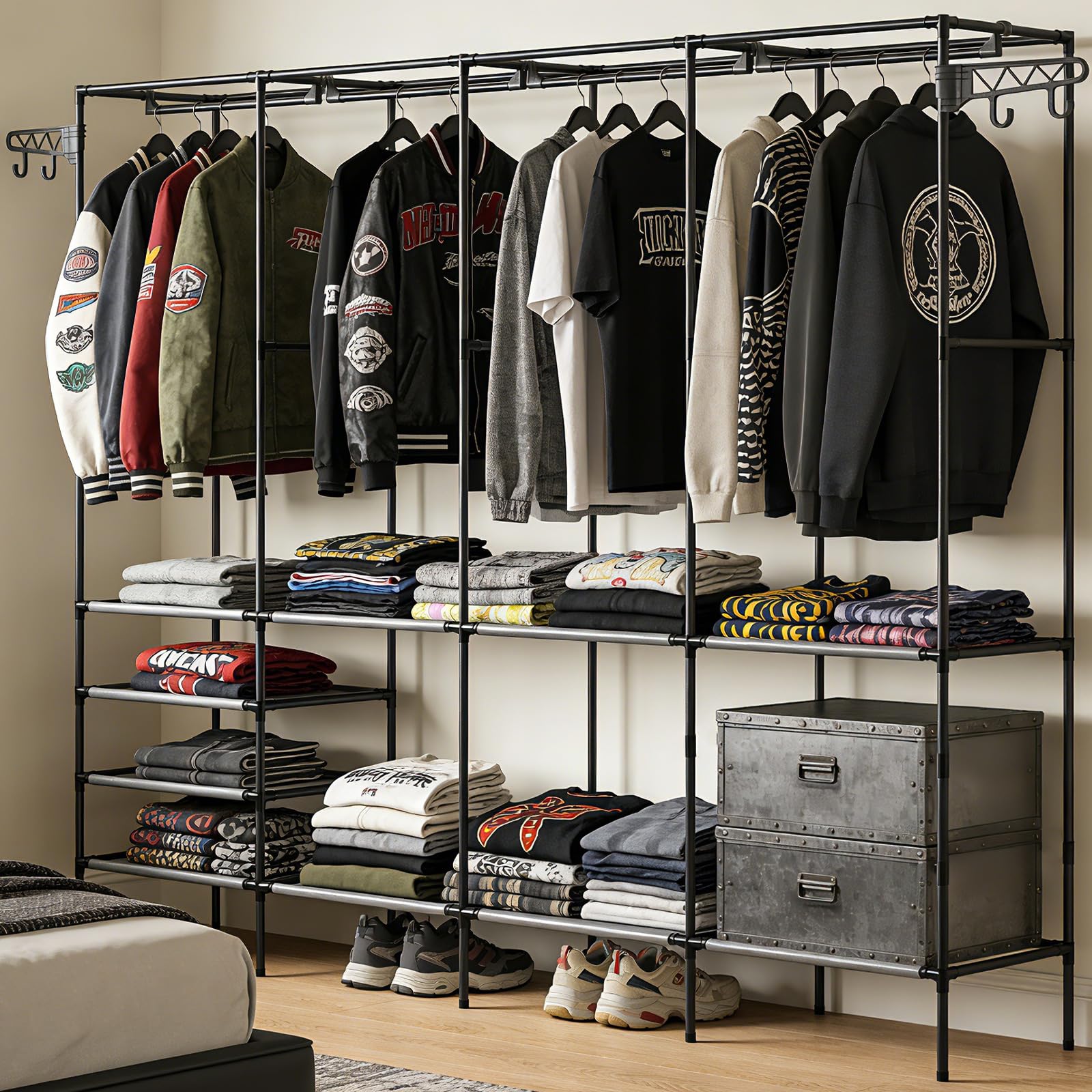 Soontrans Penderie Vetement Grande Capacité, Penderie avec 10 Étagères et 2 Crochets, Armoire Ouverte à la Fois Démontable et Robuste, pour Chambre, Salon et Dressing, 215×36×171 CM, Noir