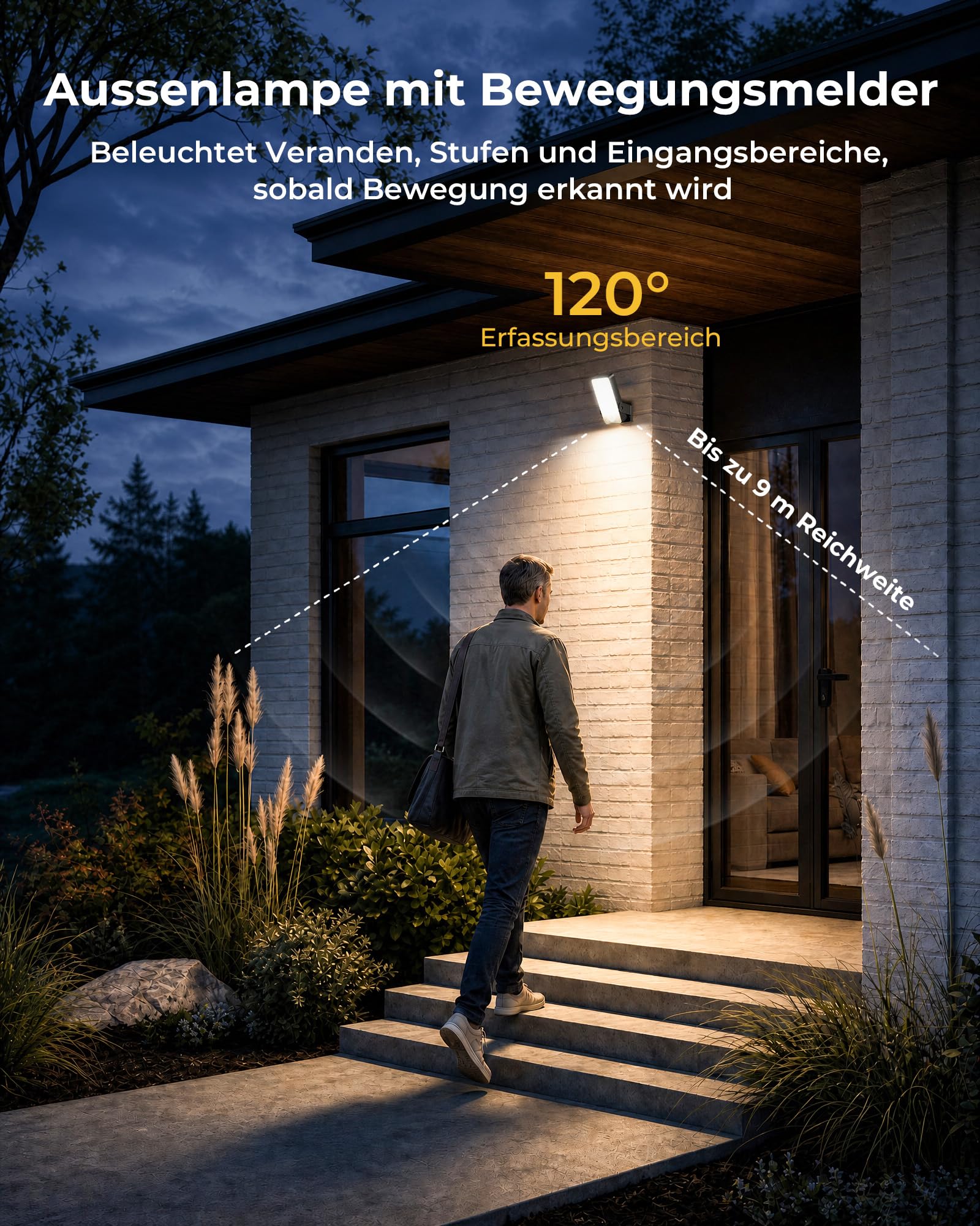 Außenlampe mit Bewegungsmelder, 12000mAh Akku Aussenlampe mit Bewegungsmelder, Fernbedienung, 3 Modi, 3 Lichtfarben, IP65 Wasserdichte Außenleuchte für Veranda, Garage, Terrasse, Hof, Haustüren