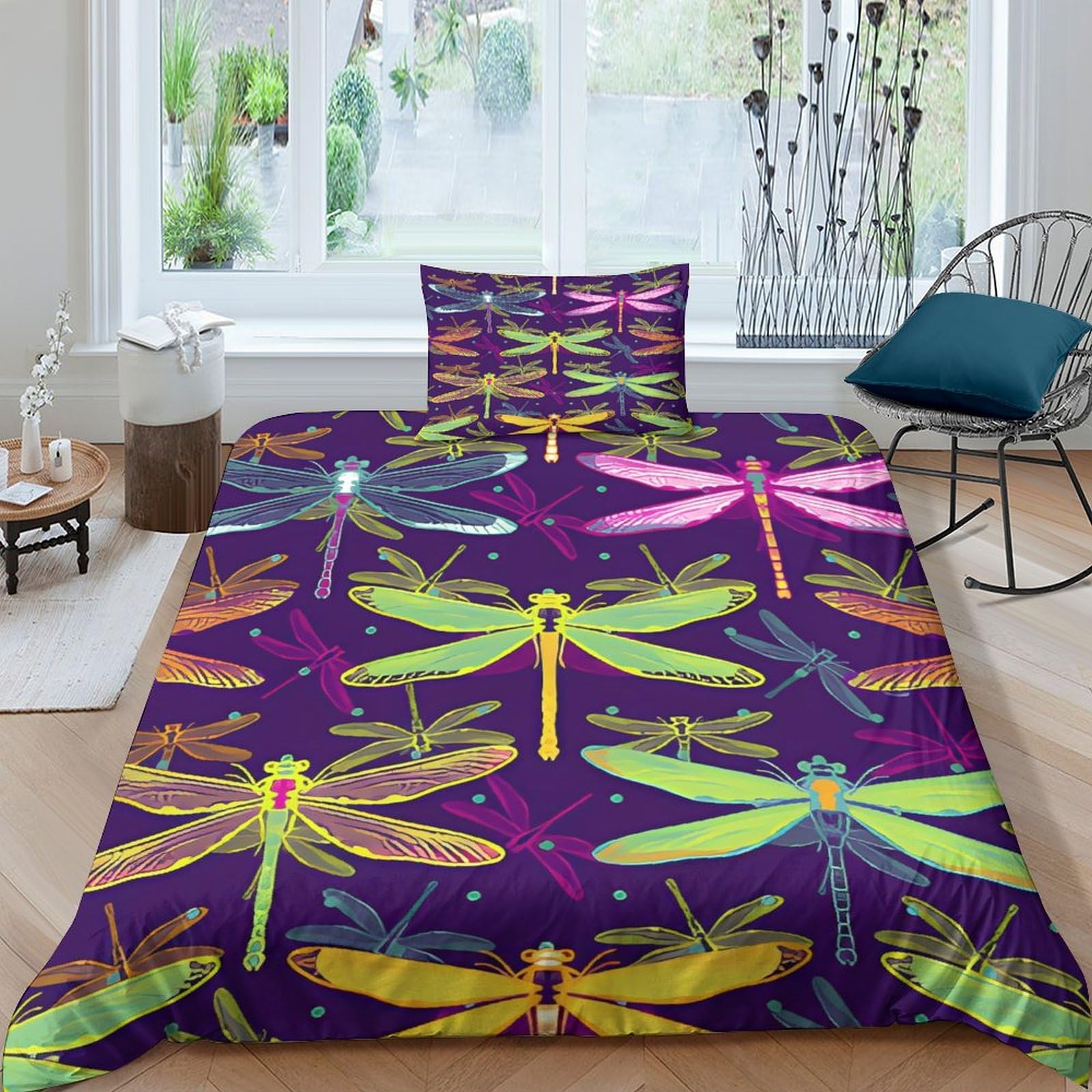 Housse de couette libellule 3D parure de lit single 135x200cm microfibre avec fermeture éclair