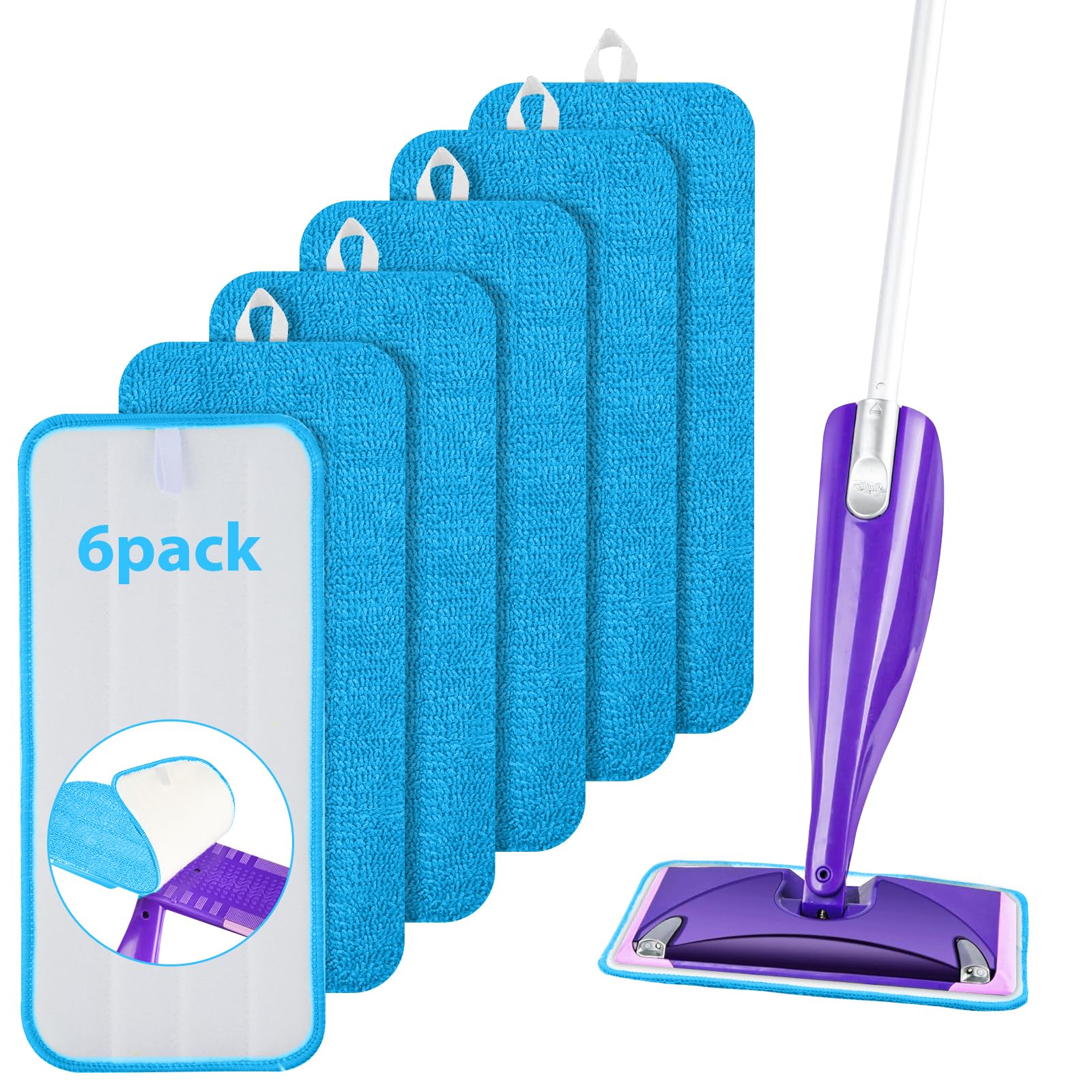 URAQT Balai Wetjet Microfibre pour Swiffer, 6PCS, Bleu, 30 * 1|5cm, Sol sec et humide, Lingettes lavables