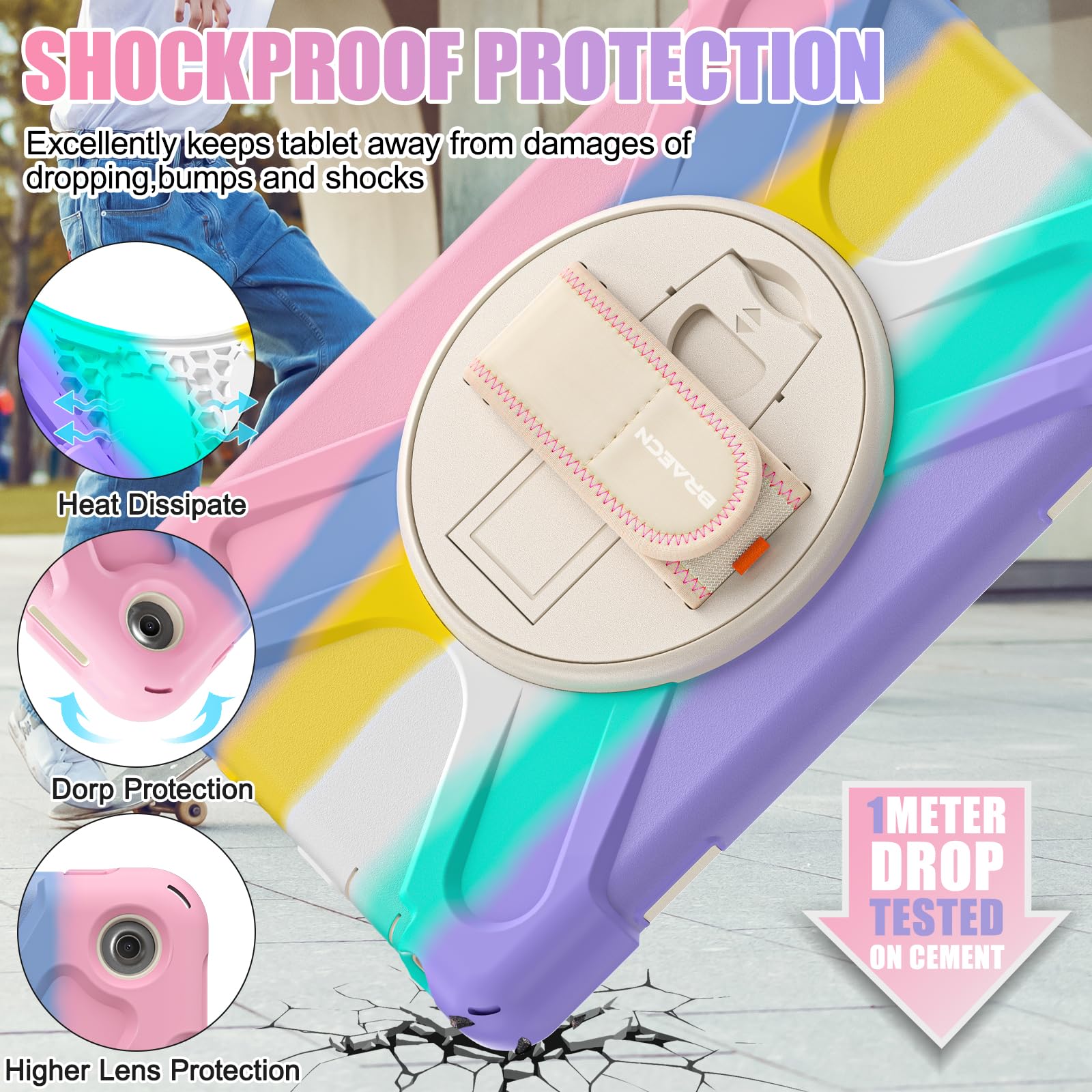 BRAECNstock Custodia per bambini per tablet Amazon Fire HD 10 di 13a generazione 2023, custodia protettiva antiurto per Kindle Fire HD 10 con pellicola protettiva, cinghia da polso girevole+supporto,