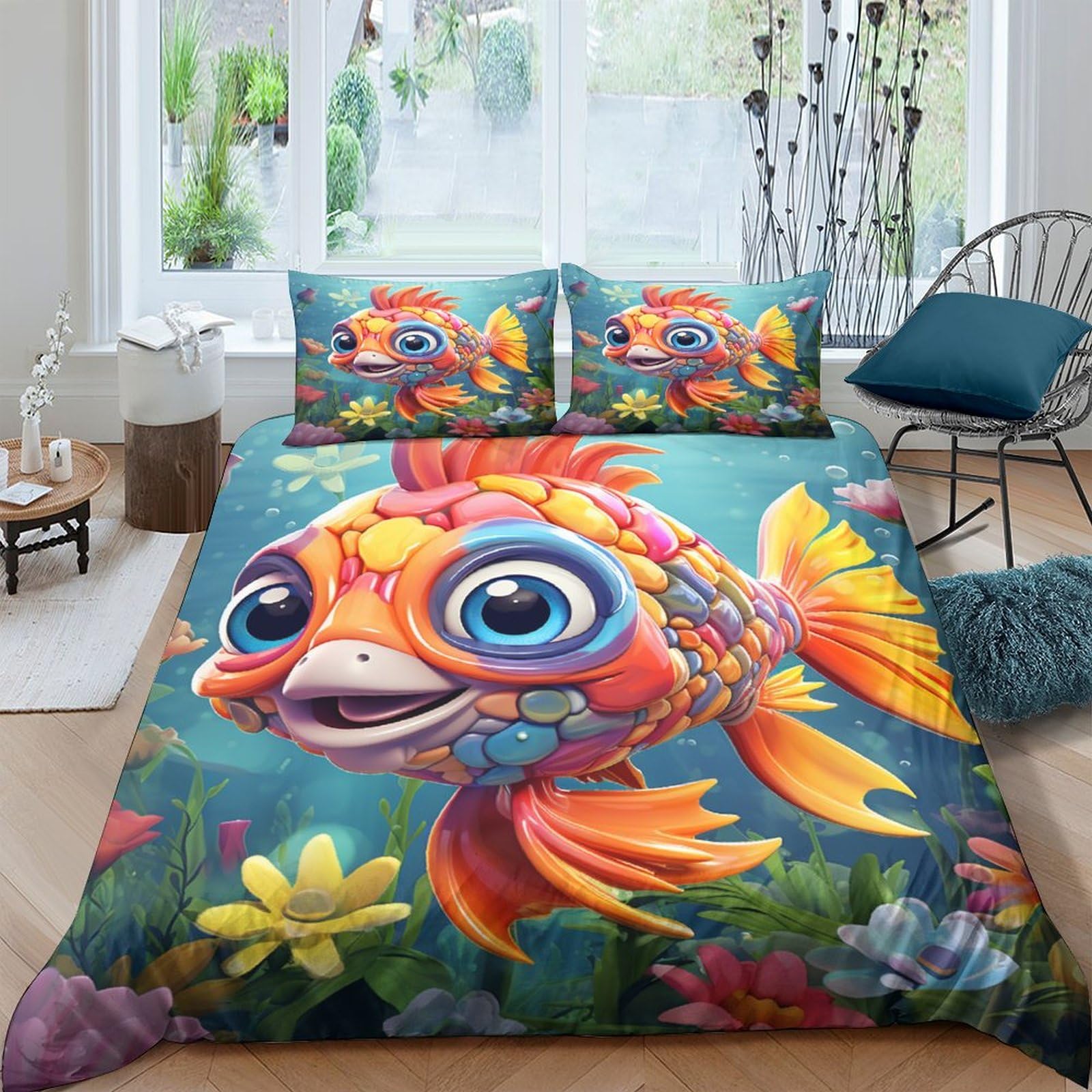 Ensemble de literie poisson 3D parure de lit double 200x200cm au design artistique