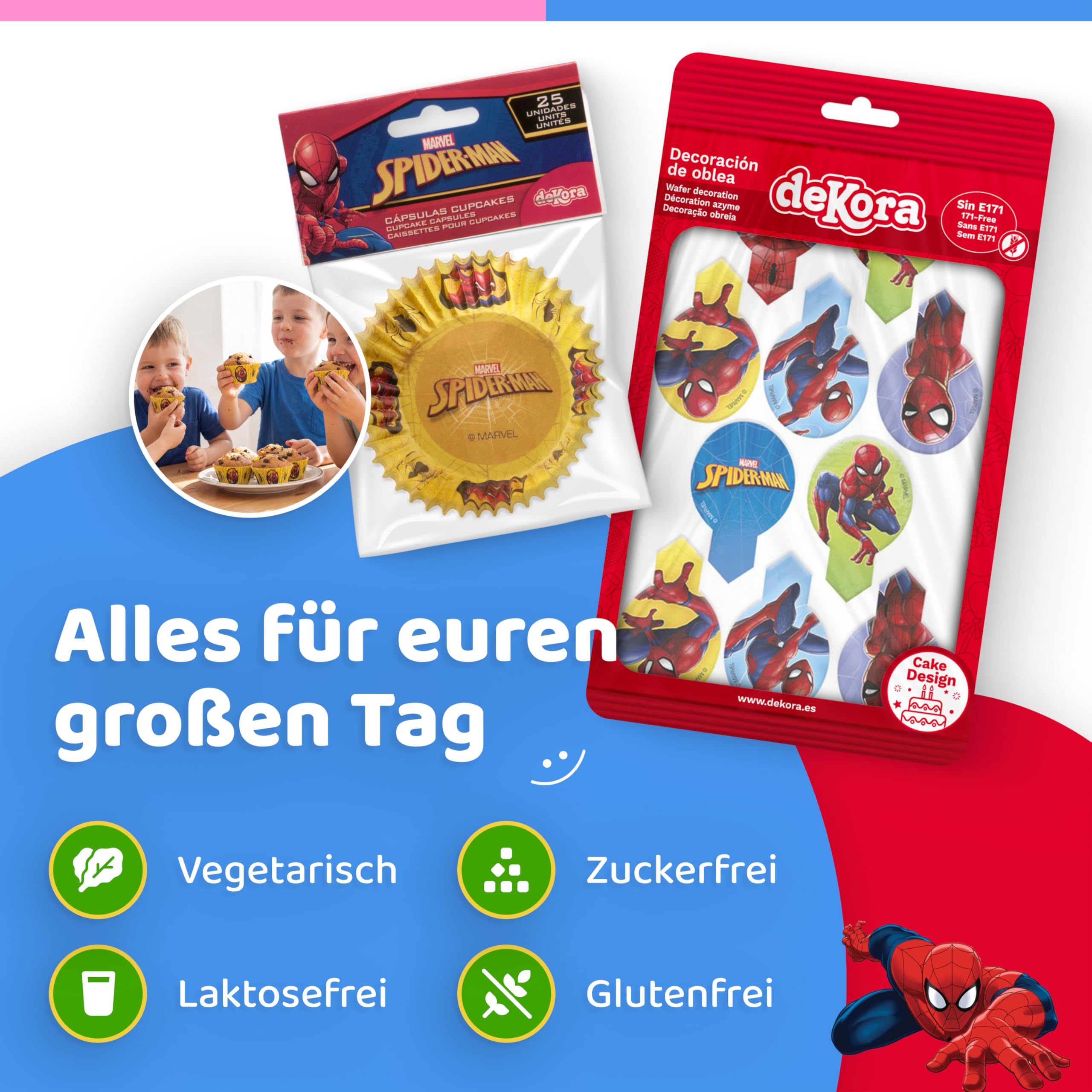 Spiderman zestaw 20 sztuk jadalnych wtyków + 25 x miseczek do muffinek, dekoracja tortów, urodziny dziecka, dekoracja muffinek, foremki do babeczek