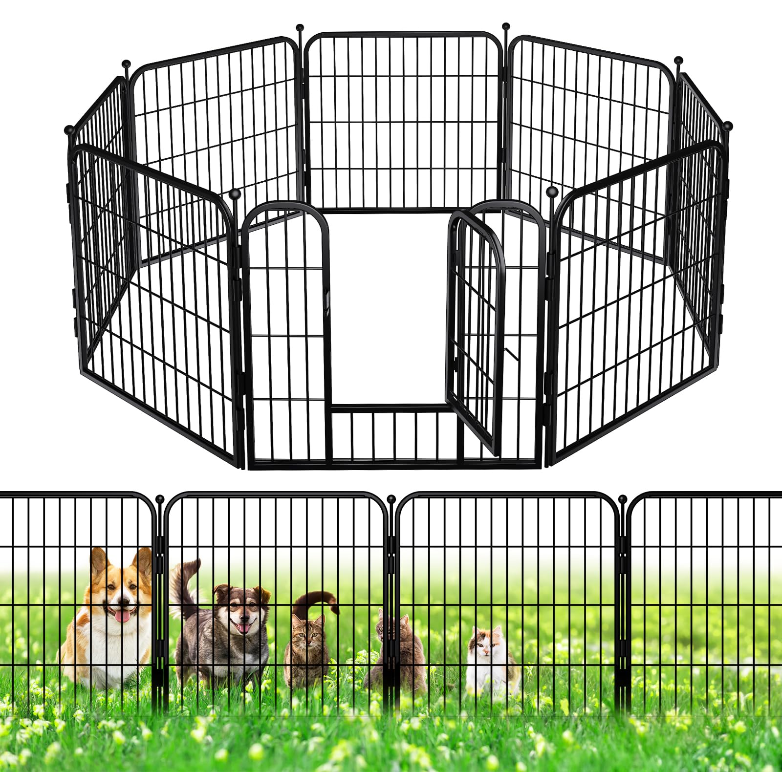 Decorative Garden Fence with Gate - 24in(H) × 16Ft(L), 8 Panels, Heavy Duty Iron Metal Animal Barrier Yard Fencing - No Dig Fences for Indoor & Outdoor Pet Dog, Stylish Versatile Garden Borders