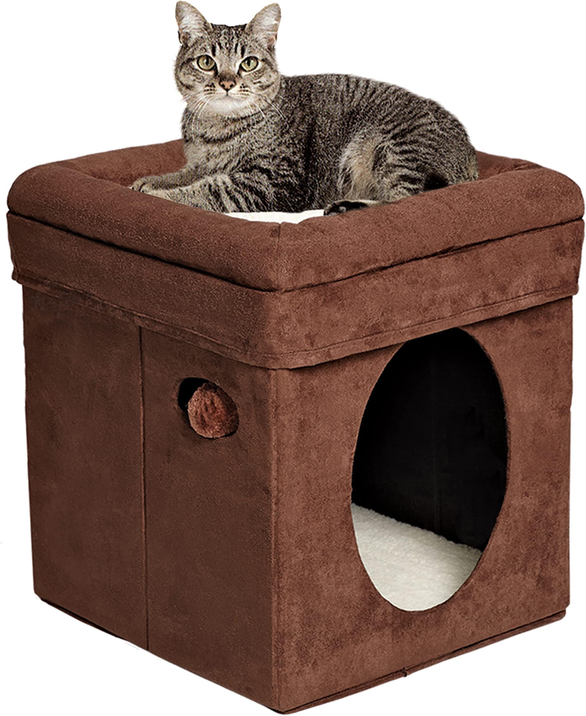 MidWest Homes for Pets Feline Nuvo Curious Cat Cube, Foldable Pet Hideout with Toy, Bolstered Bed Top, Faux Brown Suede, Synthetic Sheepskin