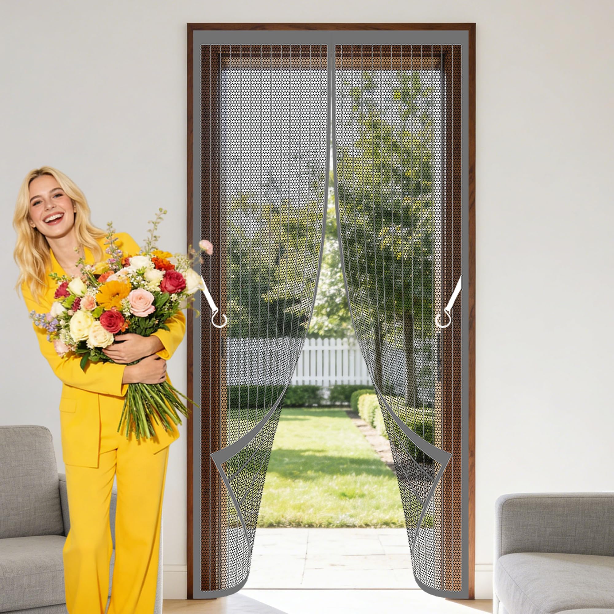 Magnetic Screen Fly Doors 125 x 216 cm Hundreds of Sizes Anti Mosquito Mesh Curtain with Powerful Magnets Keep Bugs Out Lets Fresh Air in for Living Room, Bedroom, Patio, Grey