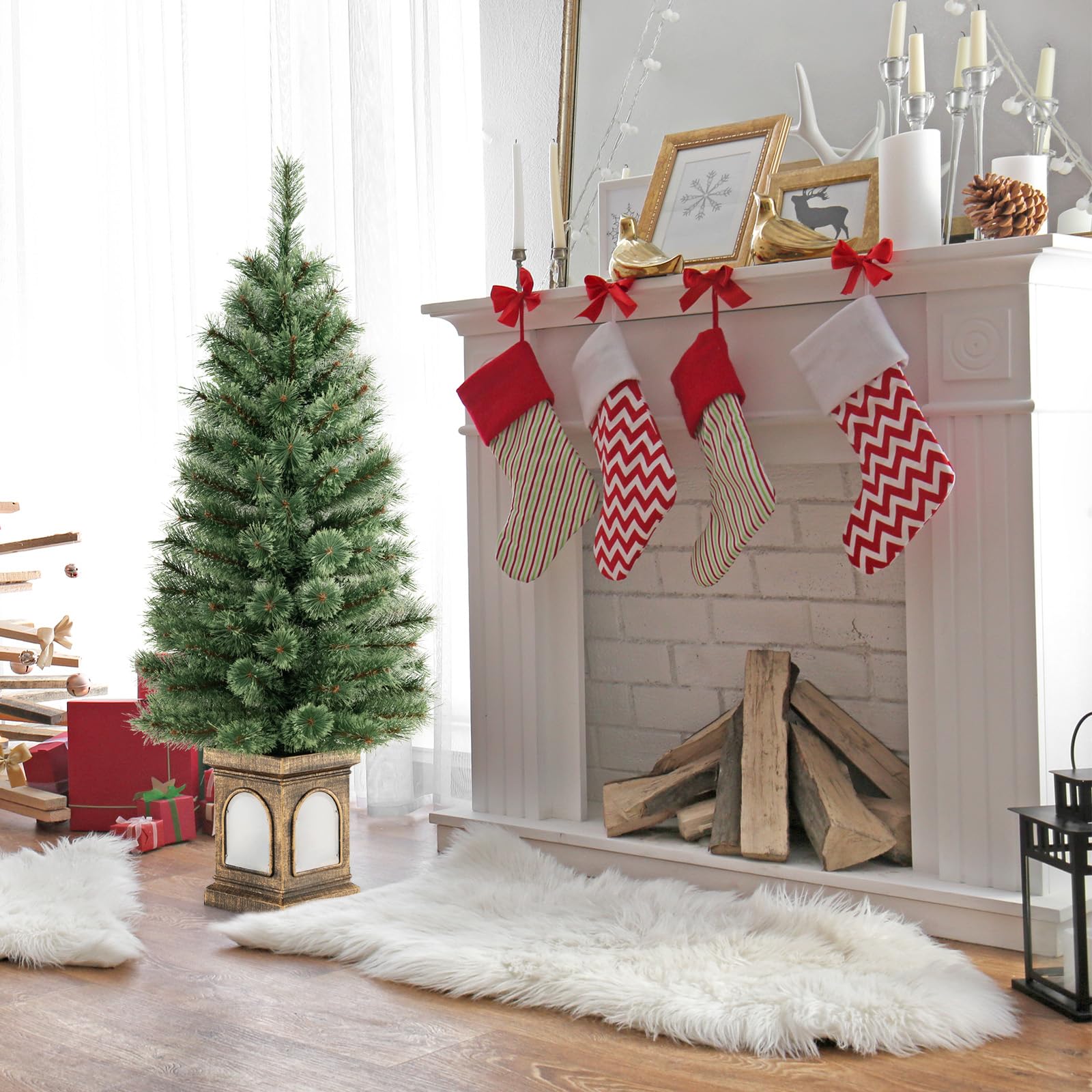 COSTWAY Albero di Natale Piccolo da Tavolo 120 cm, Albero di Natale Artificiale in Vaso con Luci e Rami Densi, Decorazione Natalizia per Casa, Ufficio e Negozio (Verde e Bronzo)